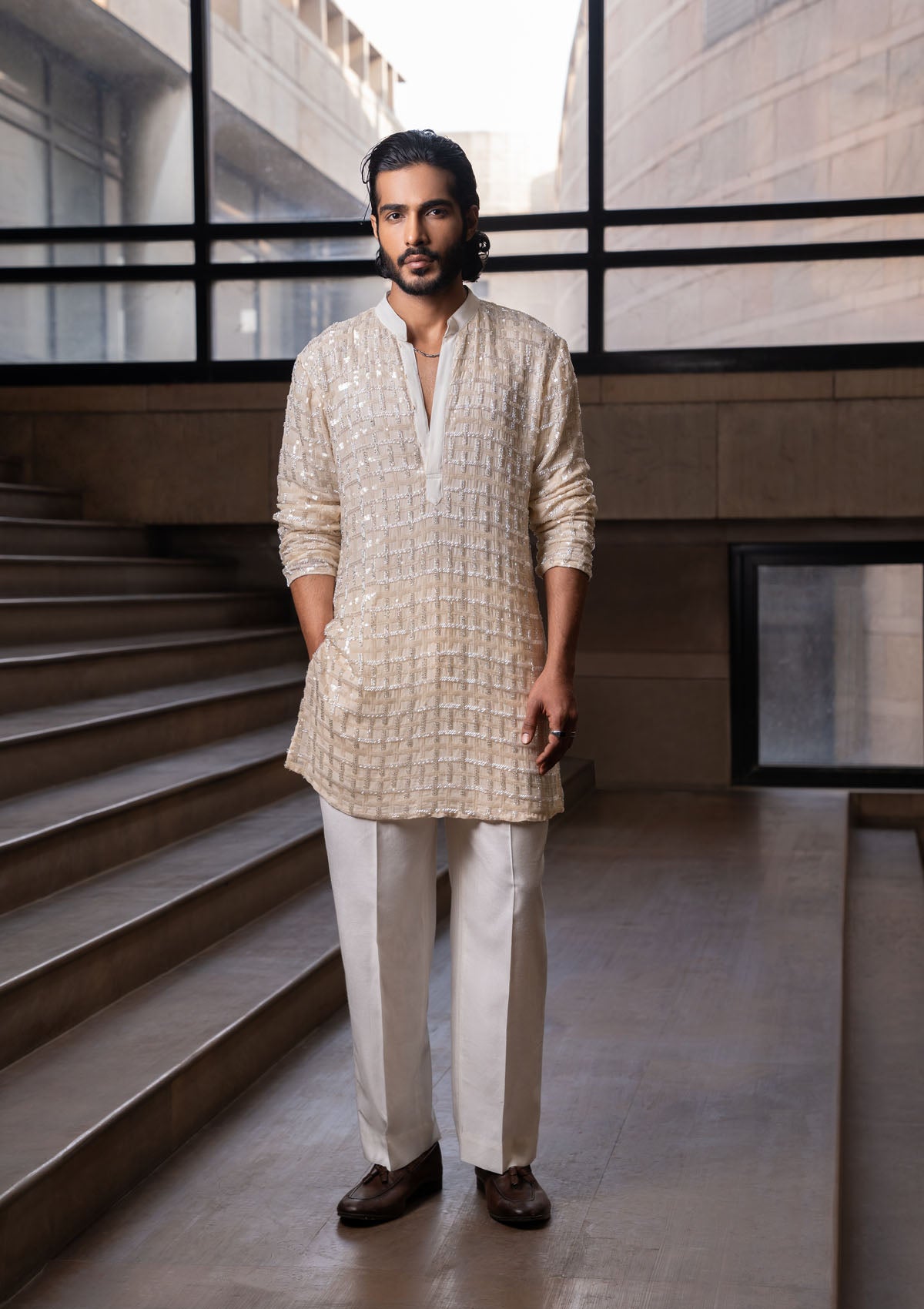 Rajkumar Rao in Ivory Checkered Kurta Set