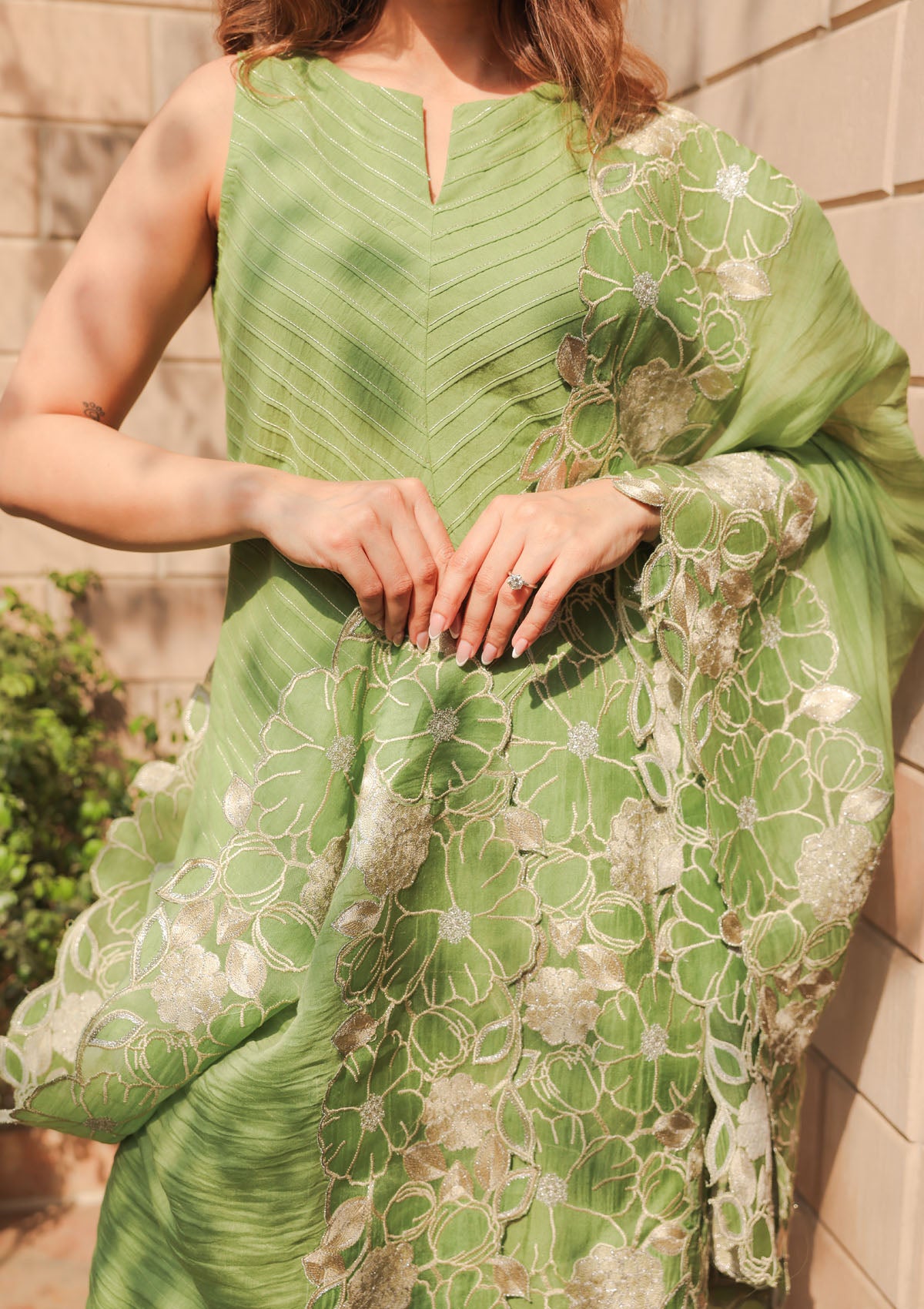 Sage Pintuck Embellished Kurta Set