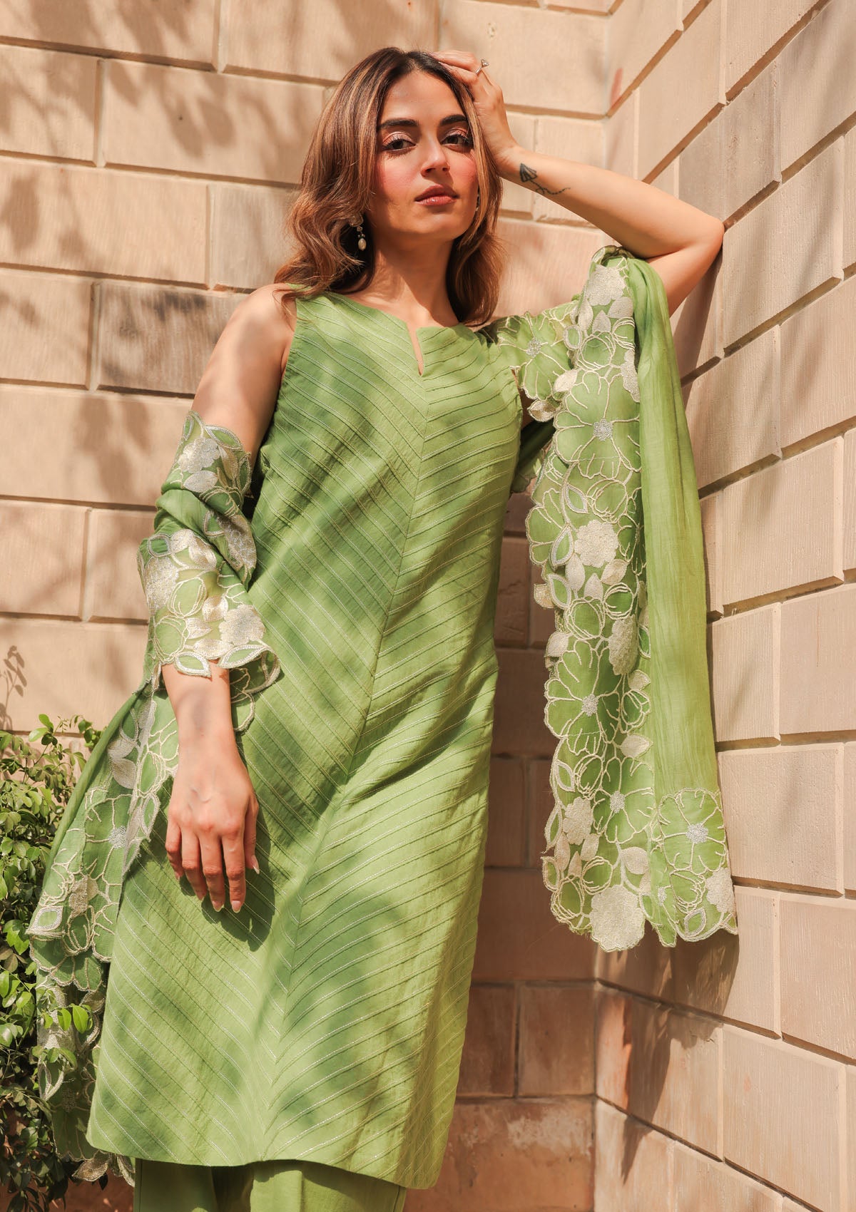 Sage Pintuck Embellished Kurta Set