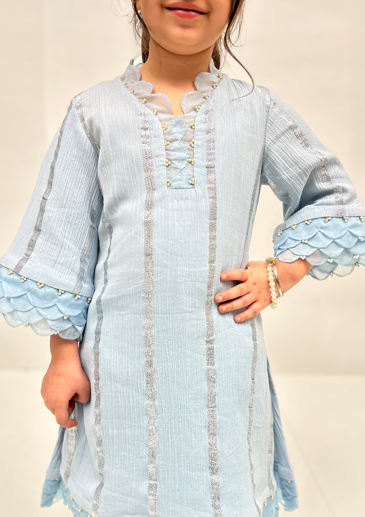 Kids Powder Blue Scallop Kurta Set
