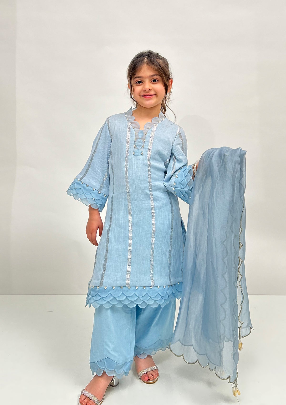 Kids Powder Blue Scallop Kurta Set