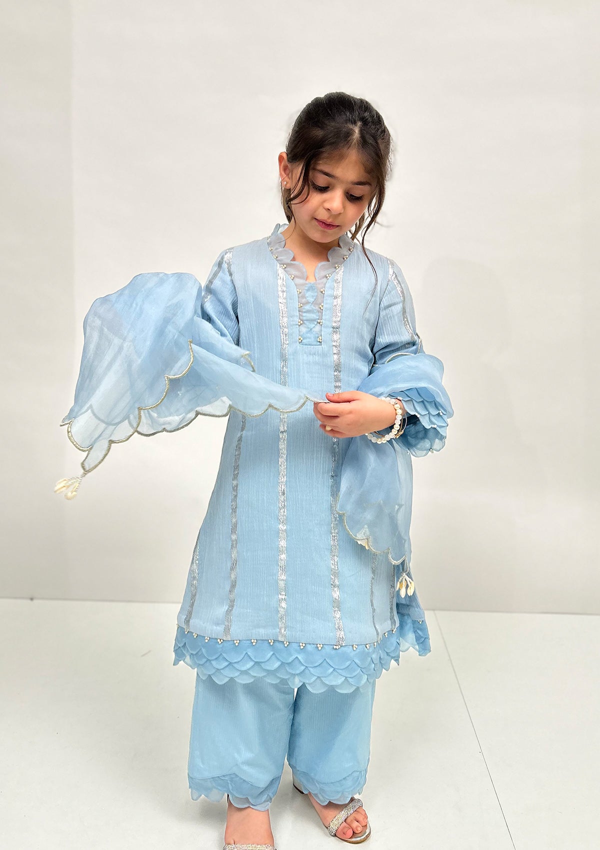 Kids Powder Blue Scallop Kurta Set