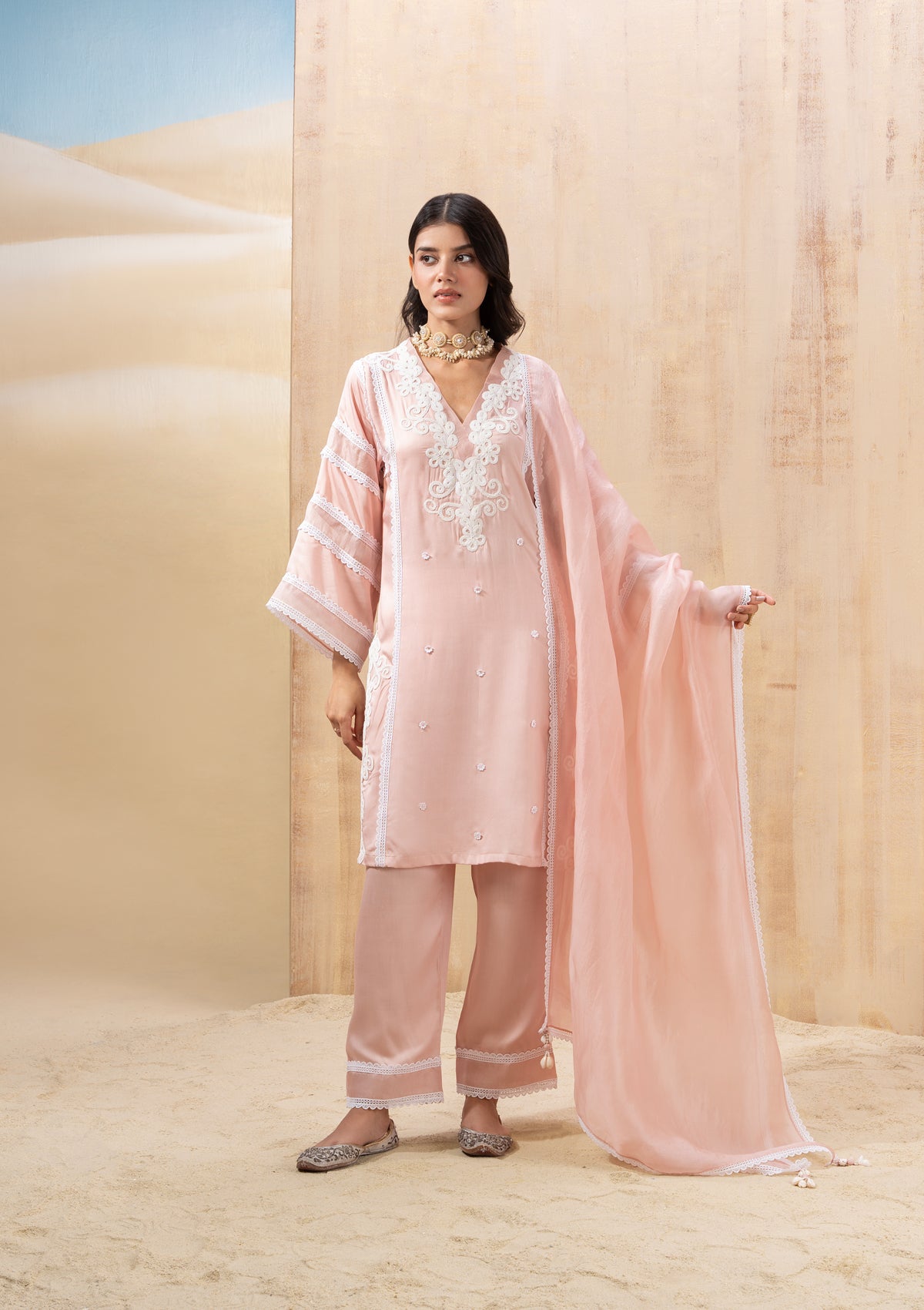 Blush Lace Applique Kurta Set