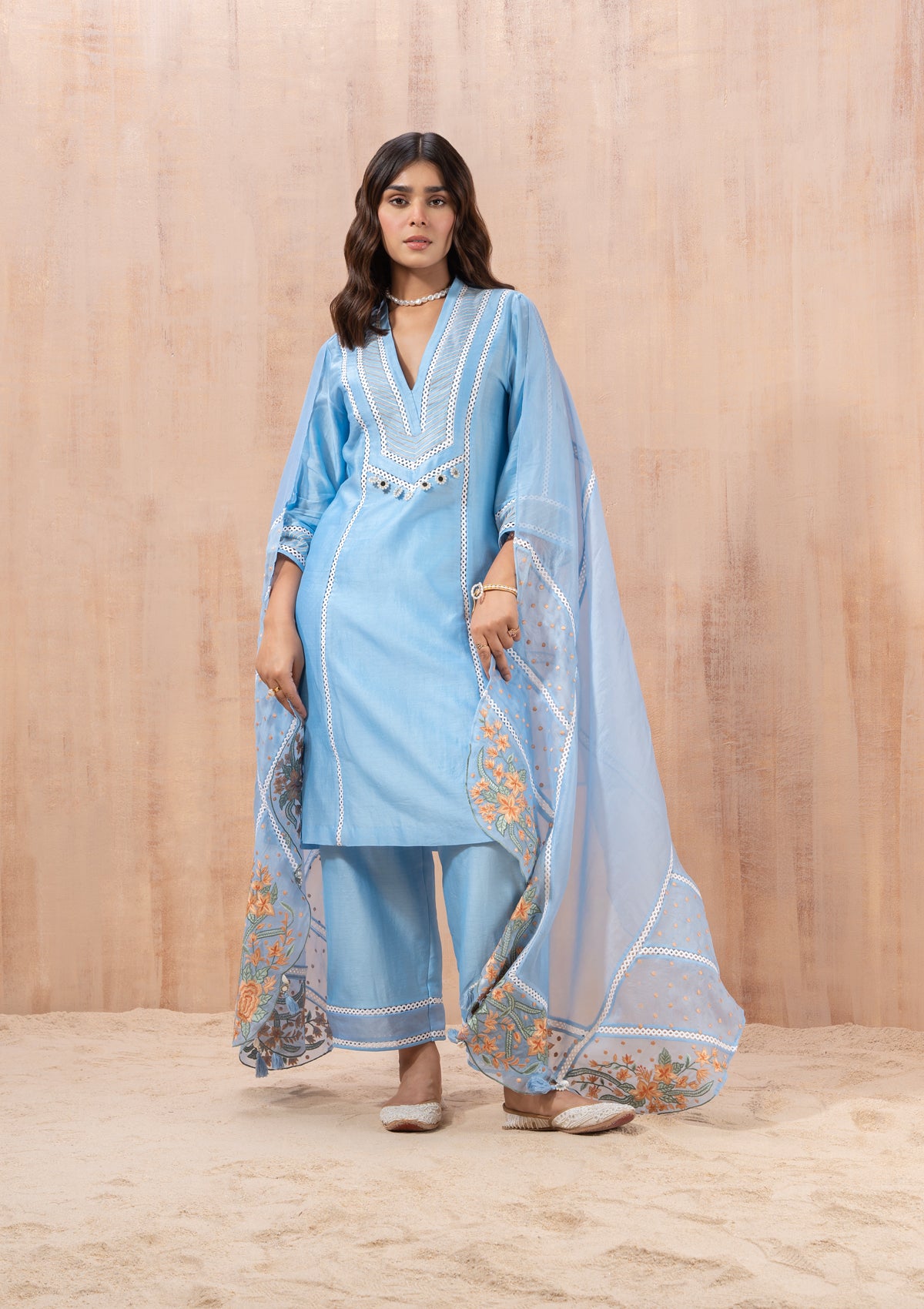 Powder Blue Floral Embroidered Kurta Set