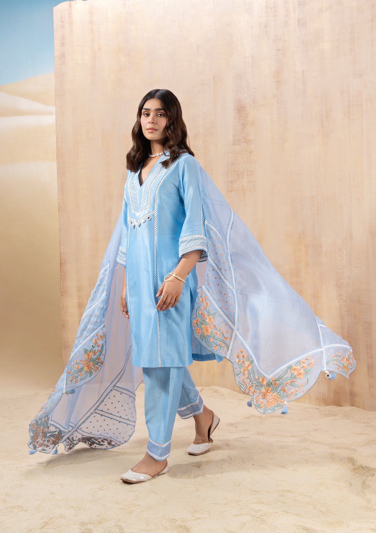 Powder Blue Floral Embroidered Kurta Set