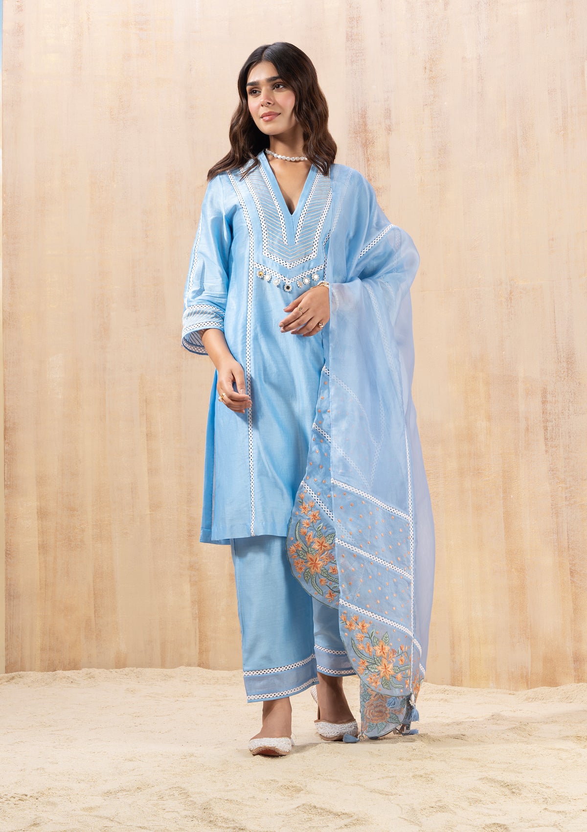 Powder Blue Floral Embroidered Kurta Set