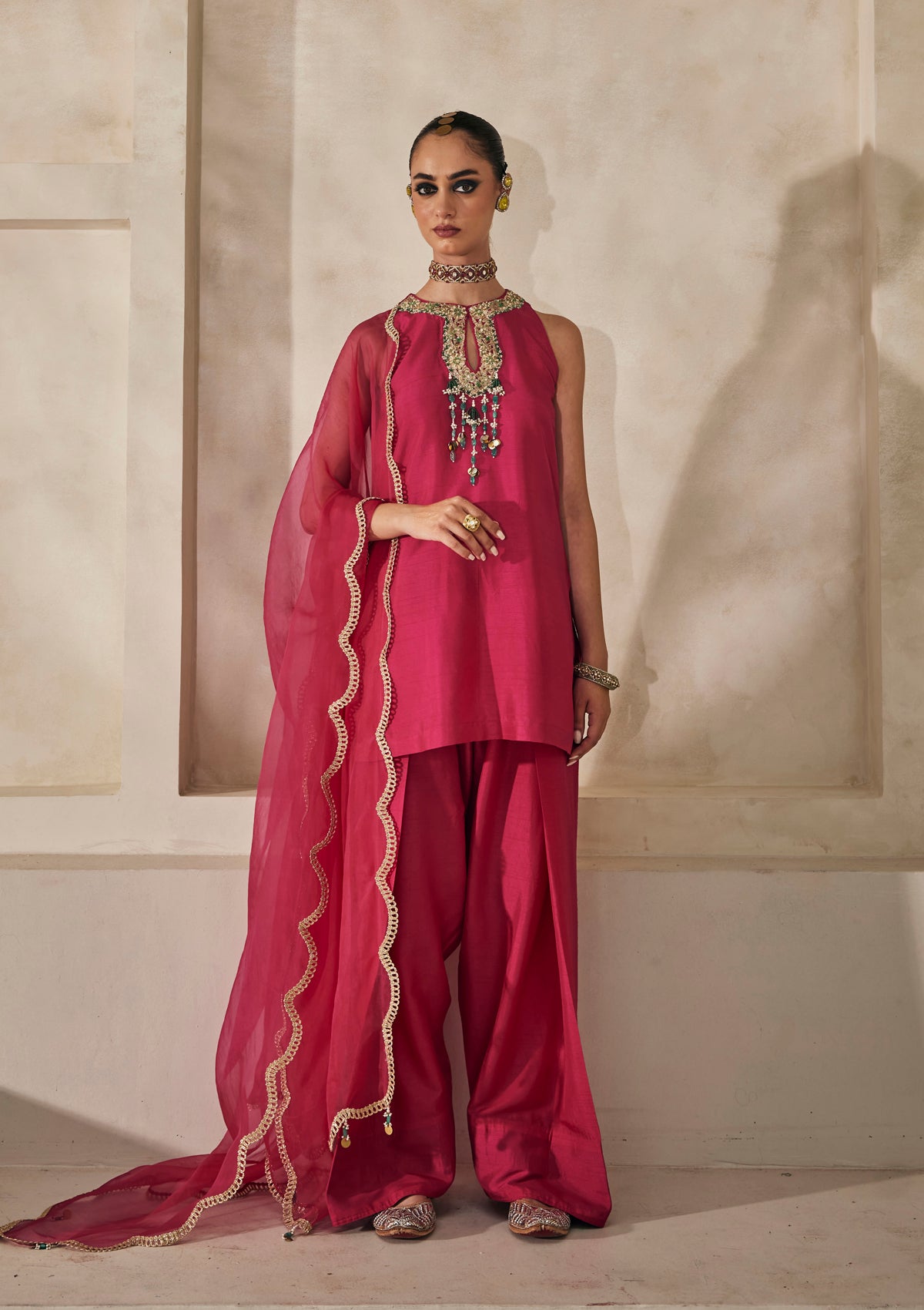 Shilpa Shetty in Fuchsia Lucknow Farshi Salwar Set