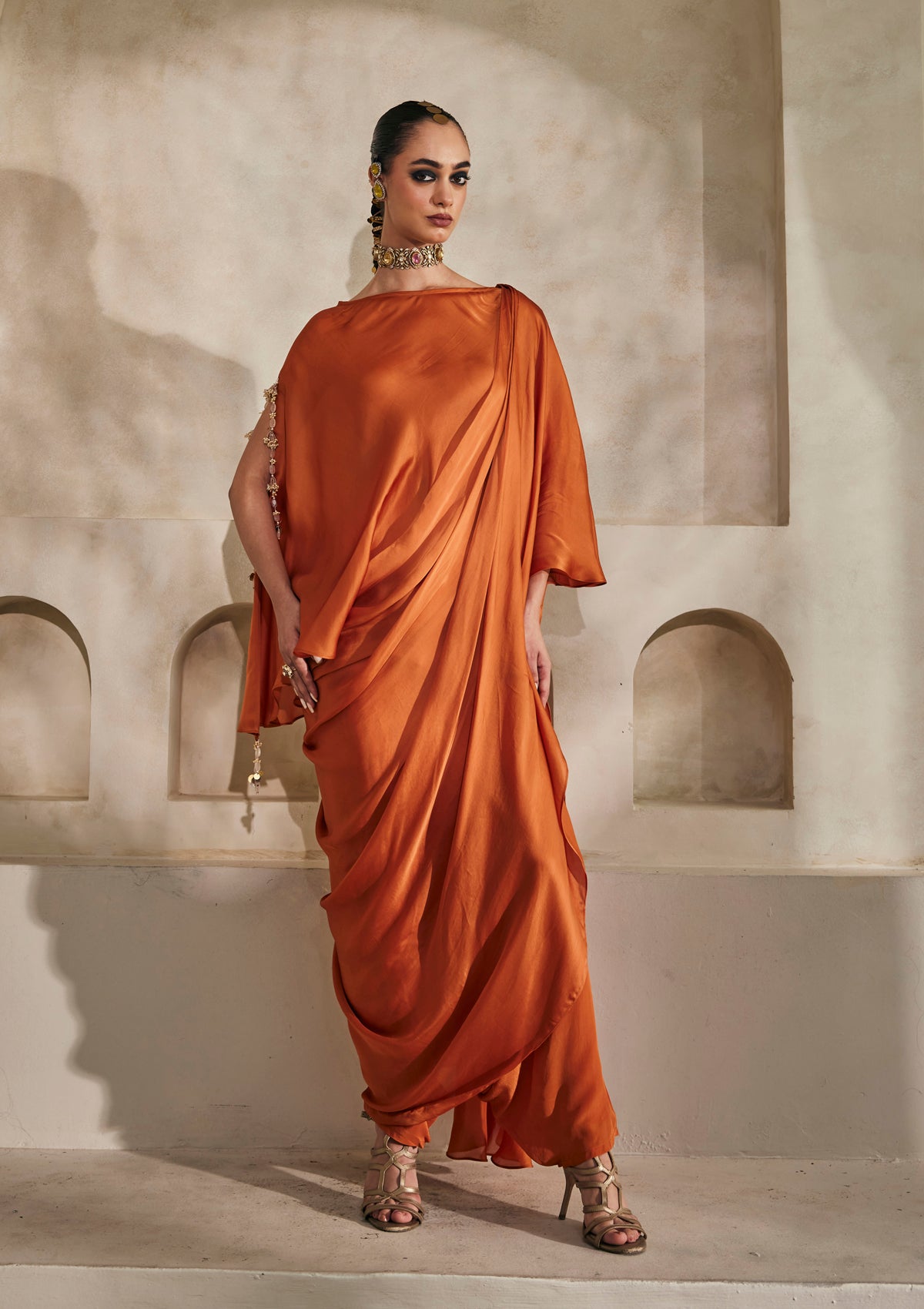 Saffron Draped Saree Set