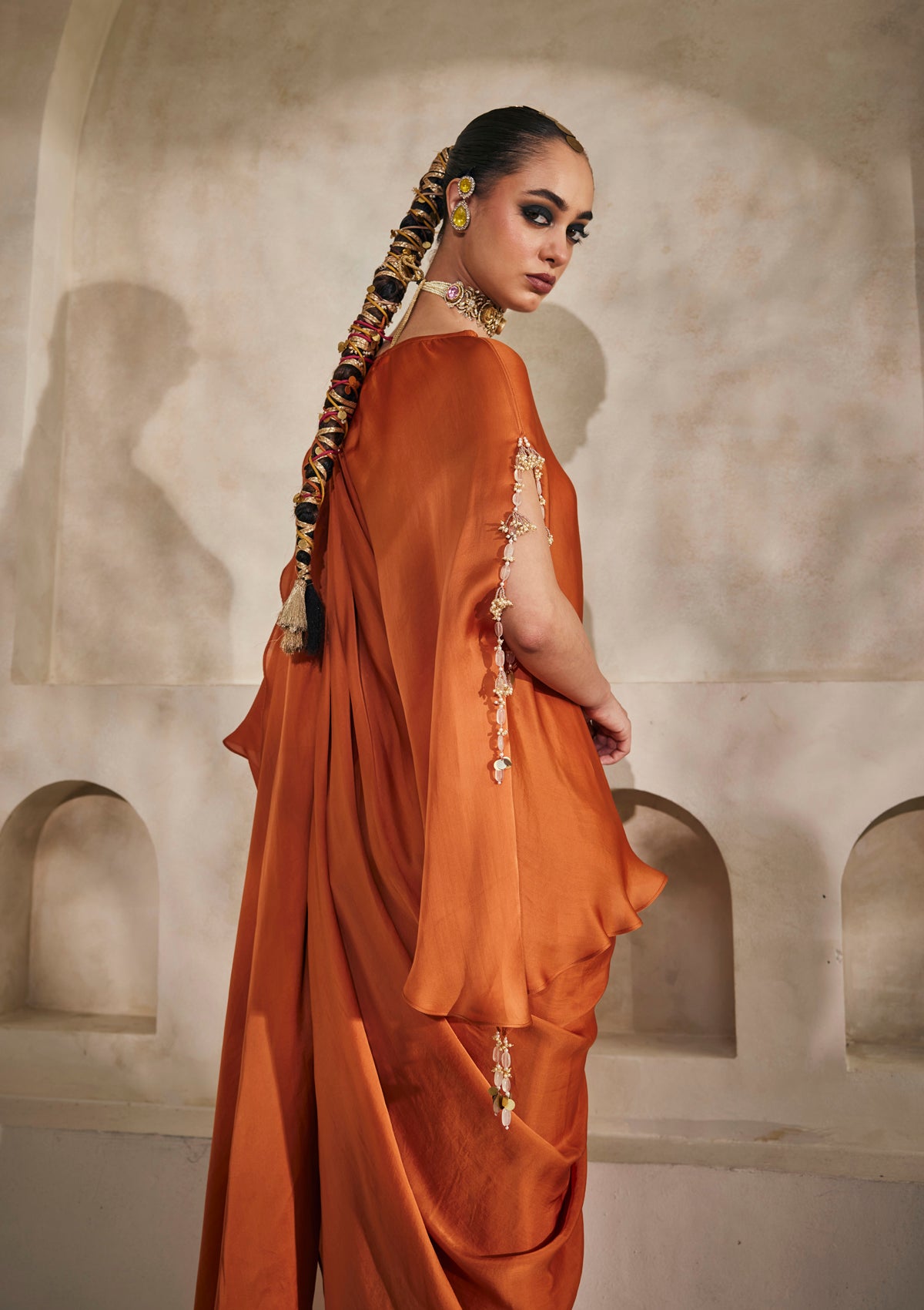 Saffron Draped Saree Set