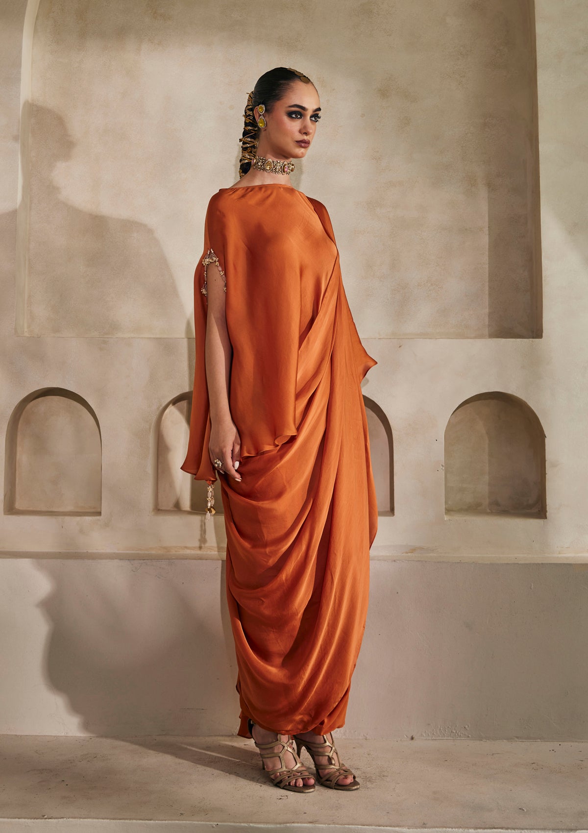 Saffron Draped Saree Set