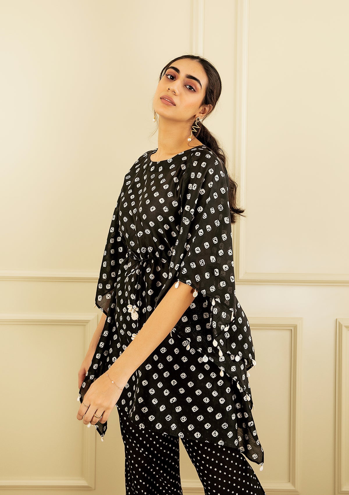 Coal Bandhani Kaftan Set