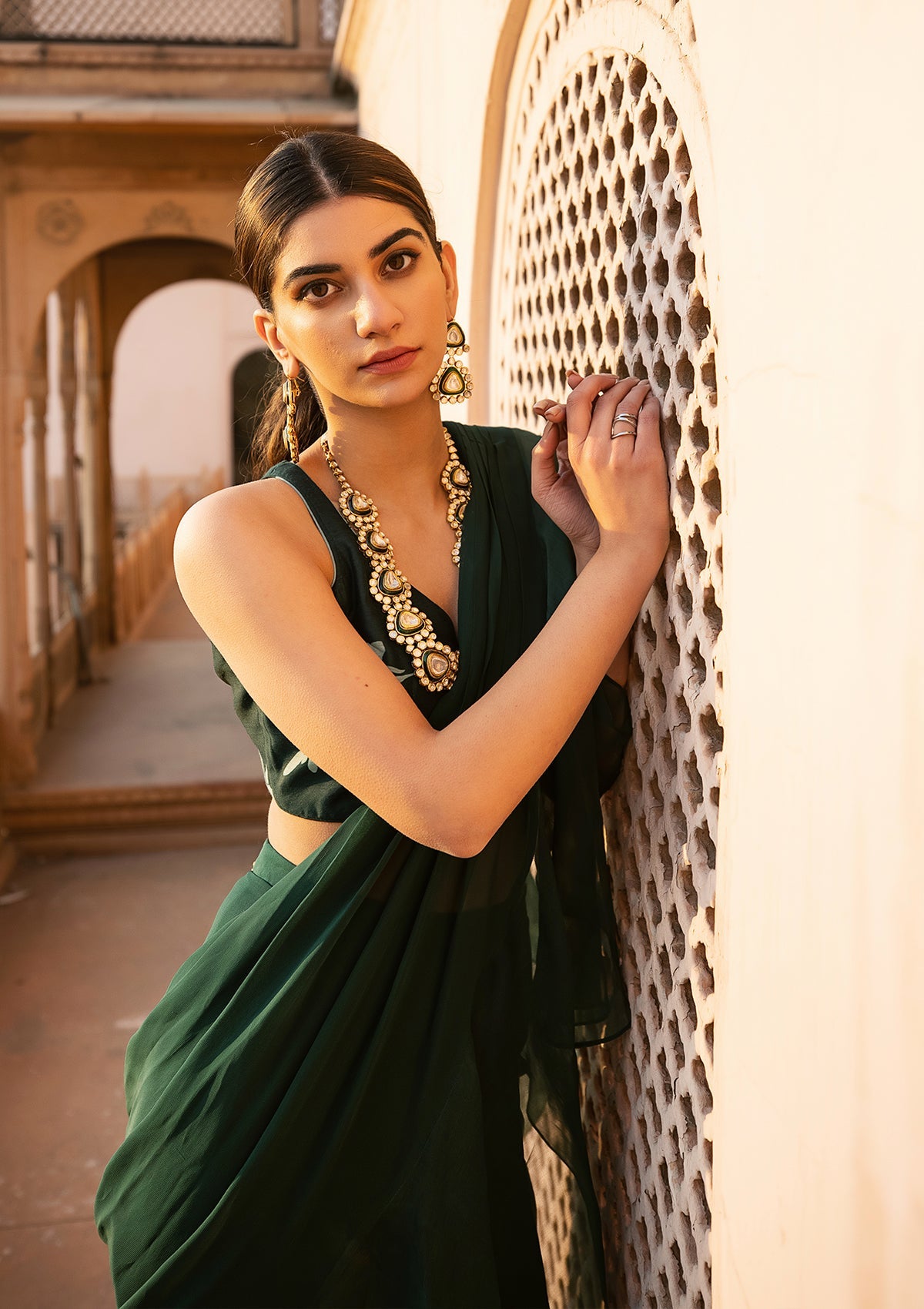 Emerald Ruffled Organza Saree Set