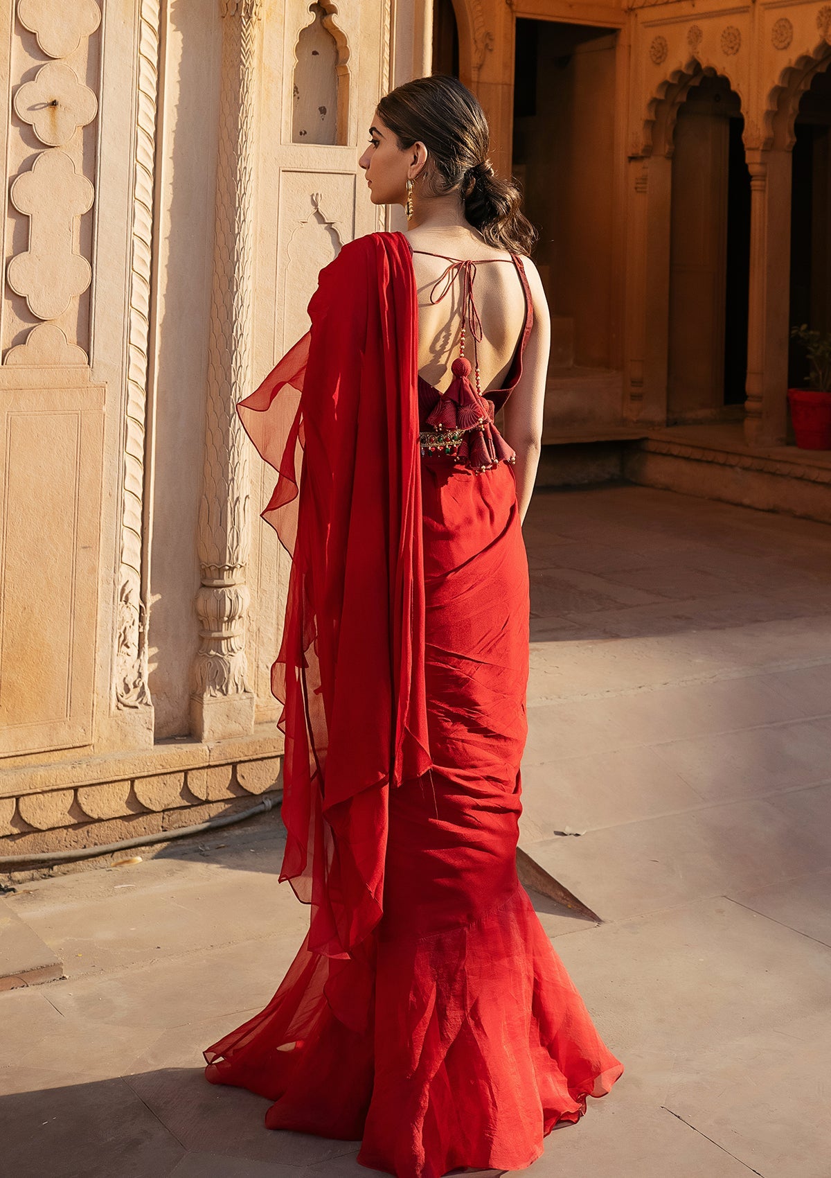Ruby Ruffled Organza Saree Set