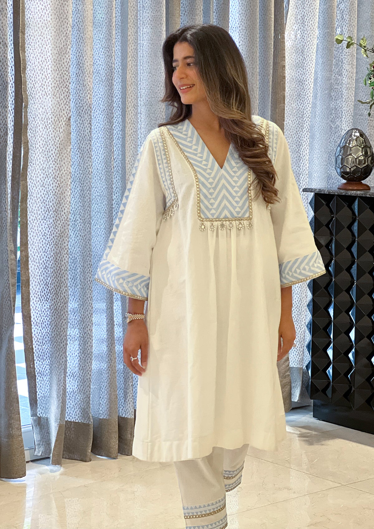 Shilpa Shetty in Powder Blue Aztec Kurta Set