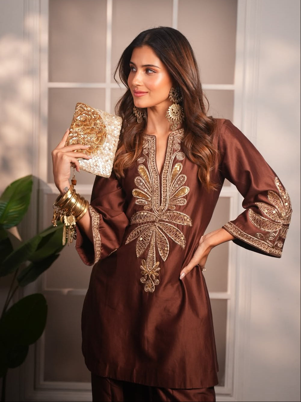 Mocha Pondicherry Kurta Set