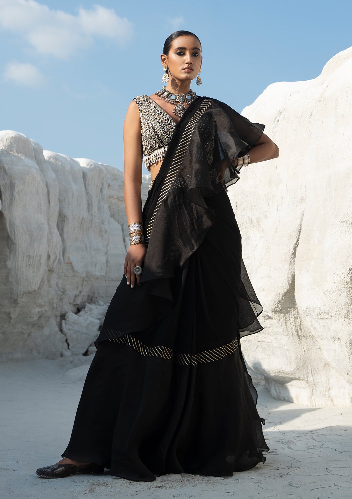 Gota Black Ruffled Saree Set - Seeaash