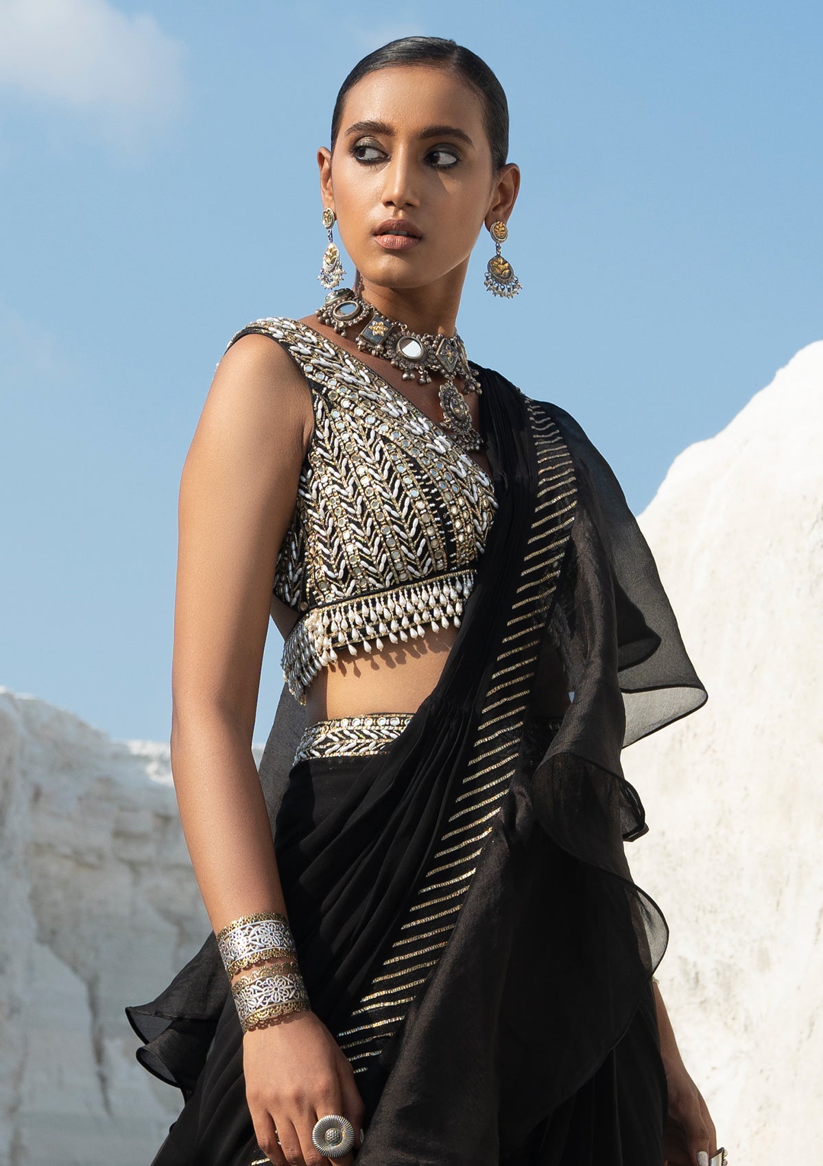 Gota Black Ruffled Saree Set - Seeaash