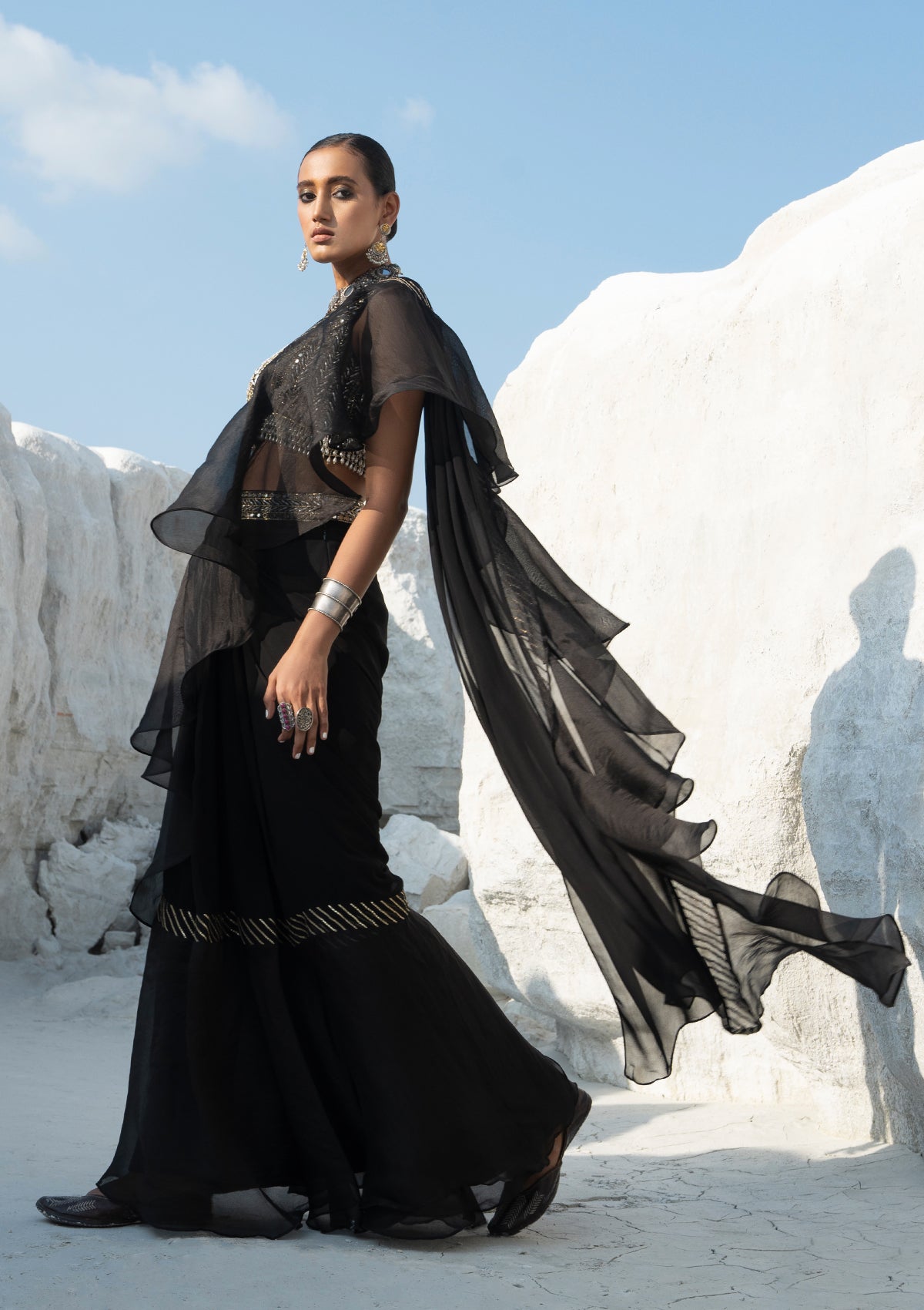 Gota Black Ruffled Saree Set - Seeaash