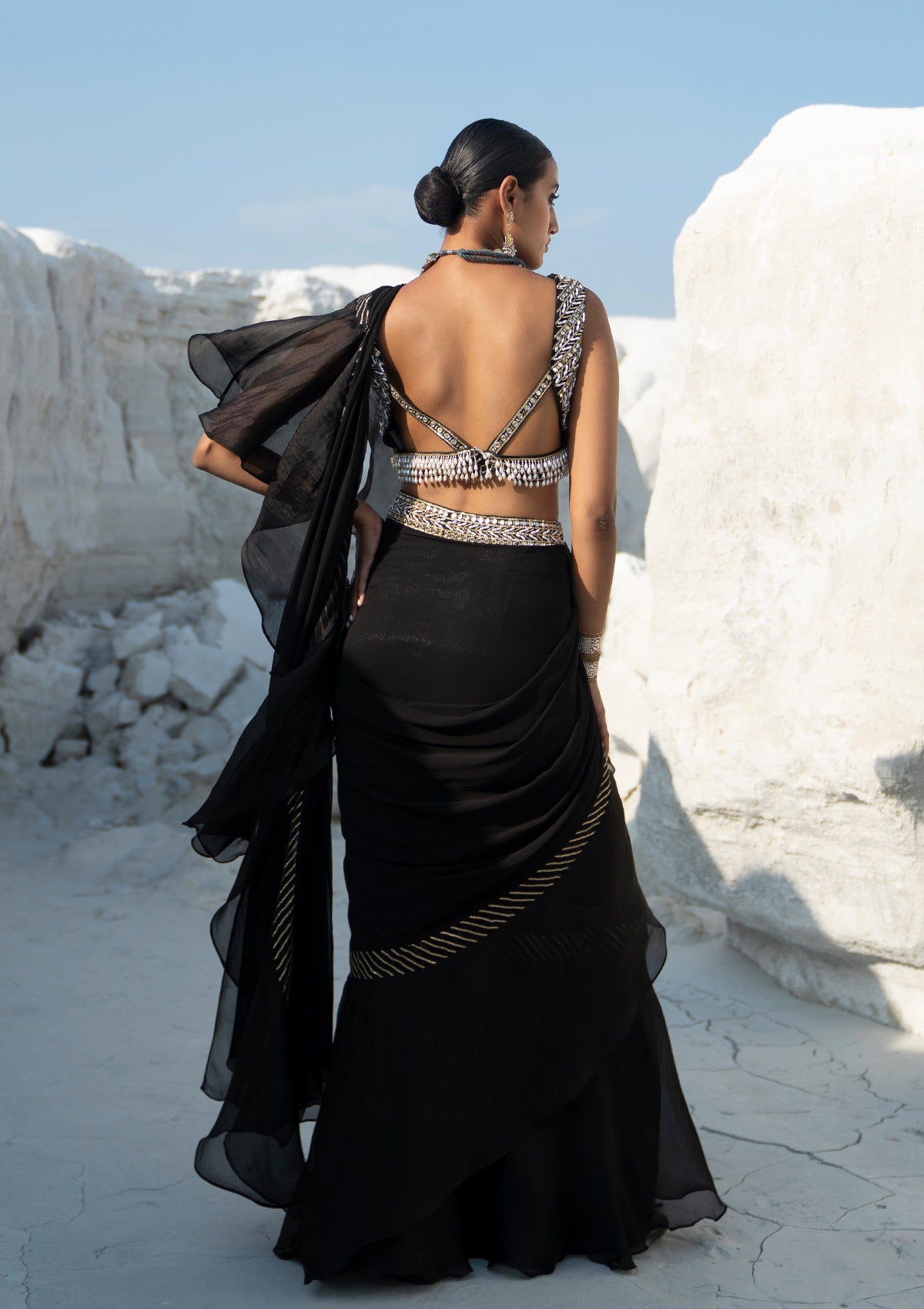 Gota Black Ruffled Saree Set - Seeaash