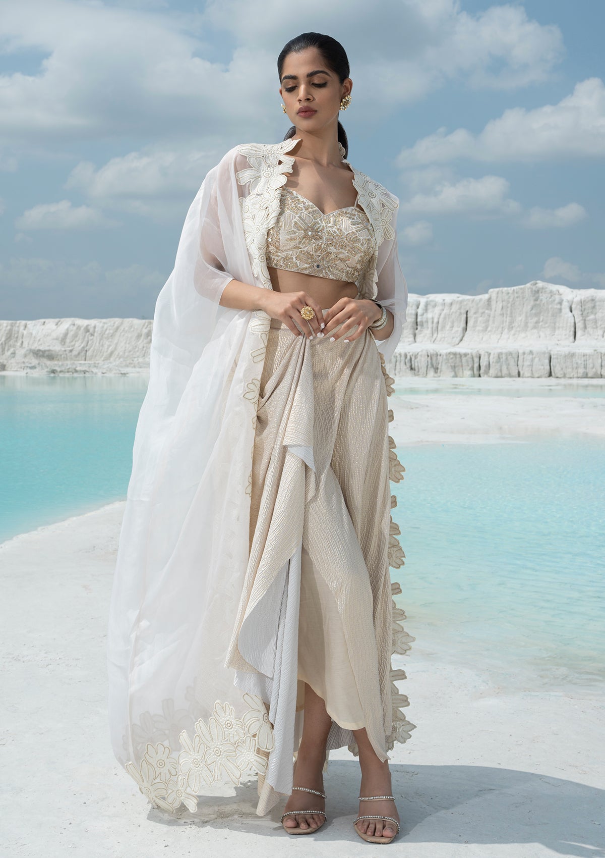 Natasha Luthra in Ivory Crushed Trio Set - Seeaash