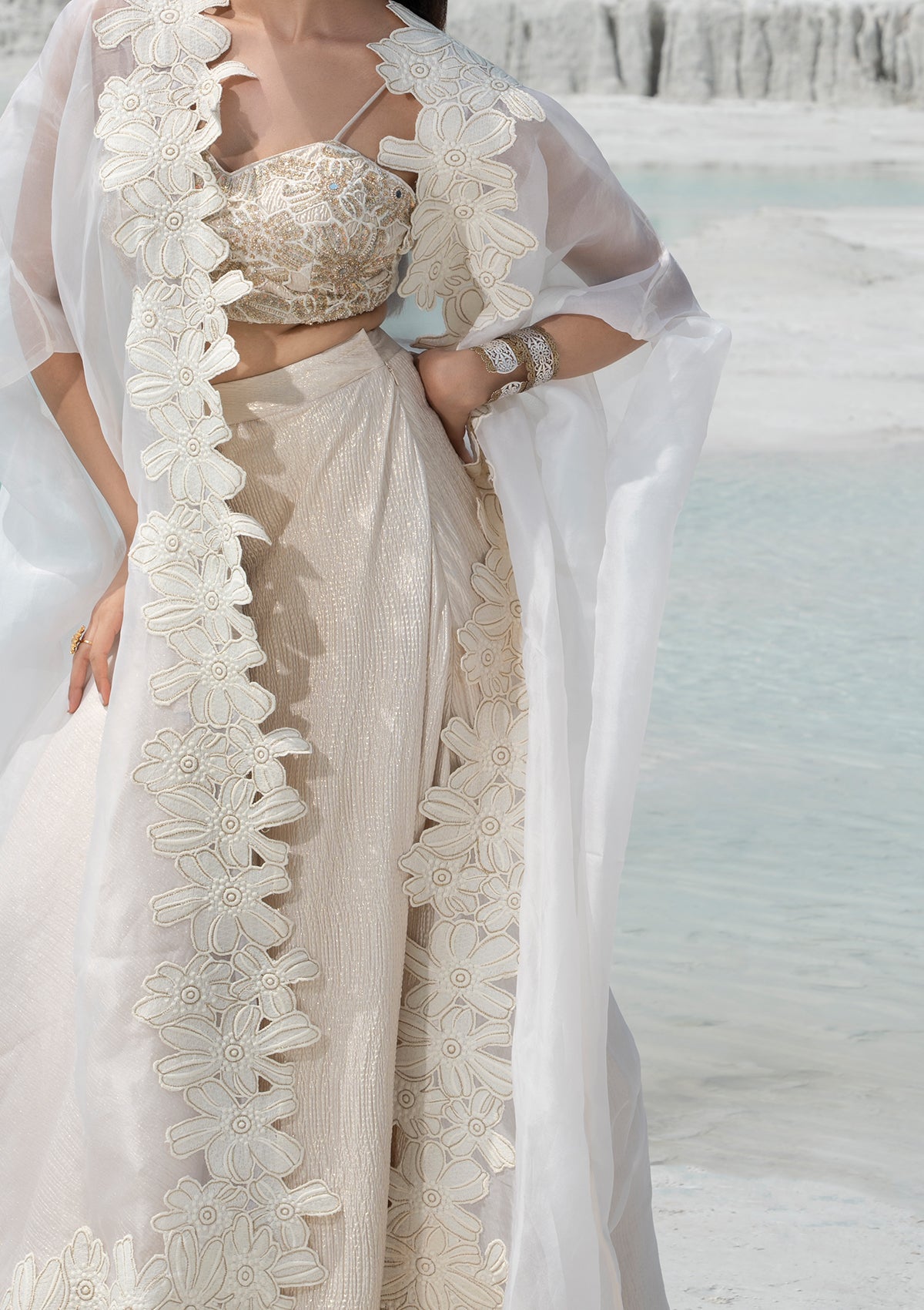 Natasha Luthra in Ivory Crushed Trio Set - Seeaash