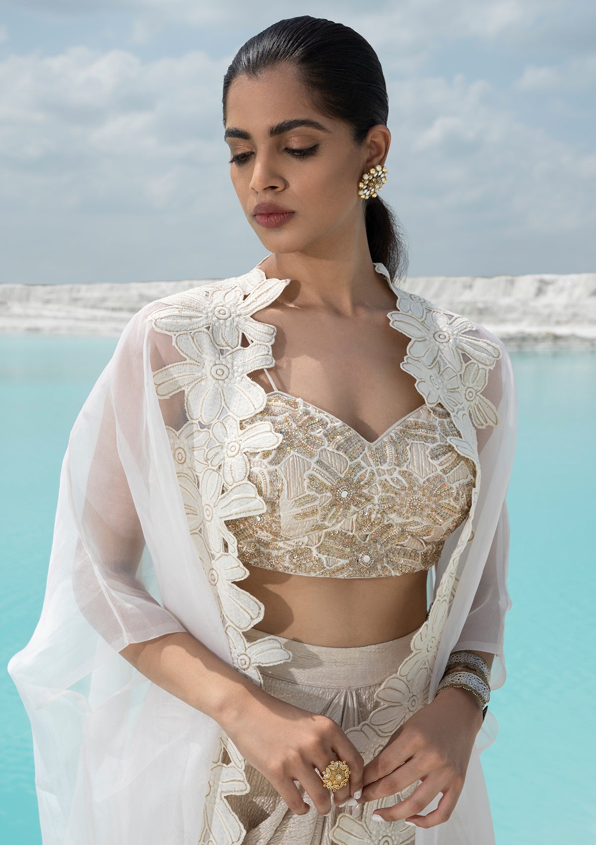 Natasha Luthra in Ivory Crushed Trio Set - Seeaash