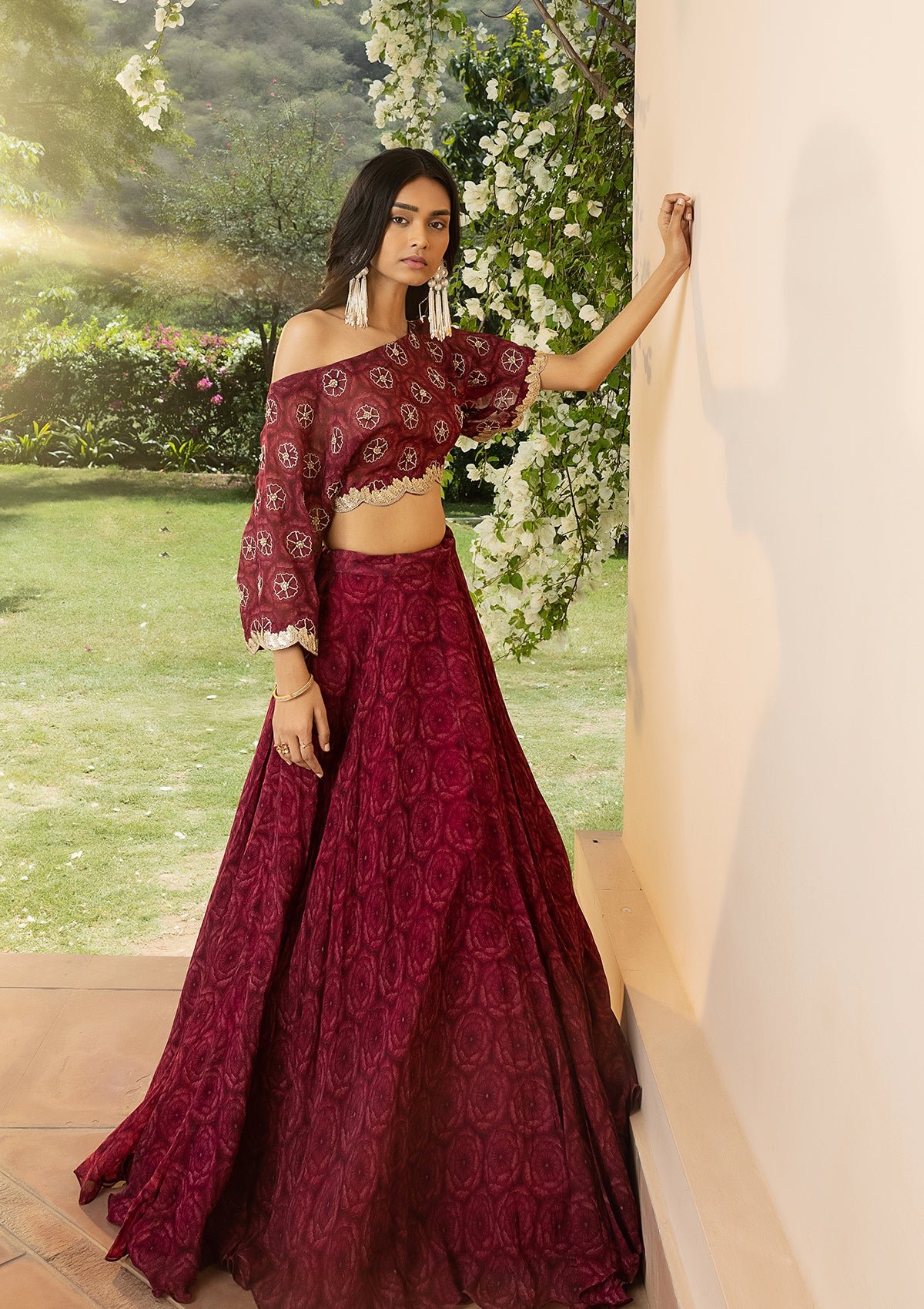 Bahaar Ruby Off-Shoulder Lehenga Set - Seeaash