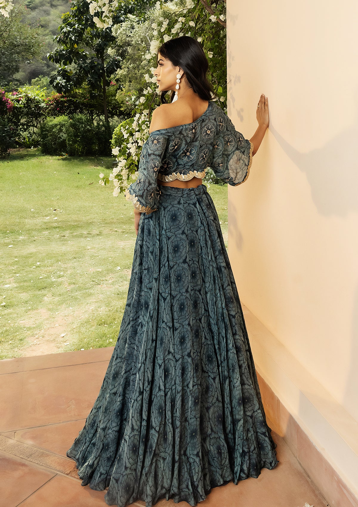 Bahaar Teal Off-Shoulder Lehenga Set - Seeaash