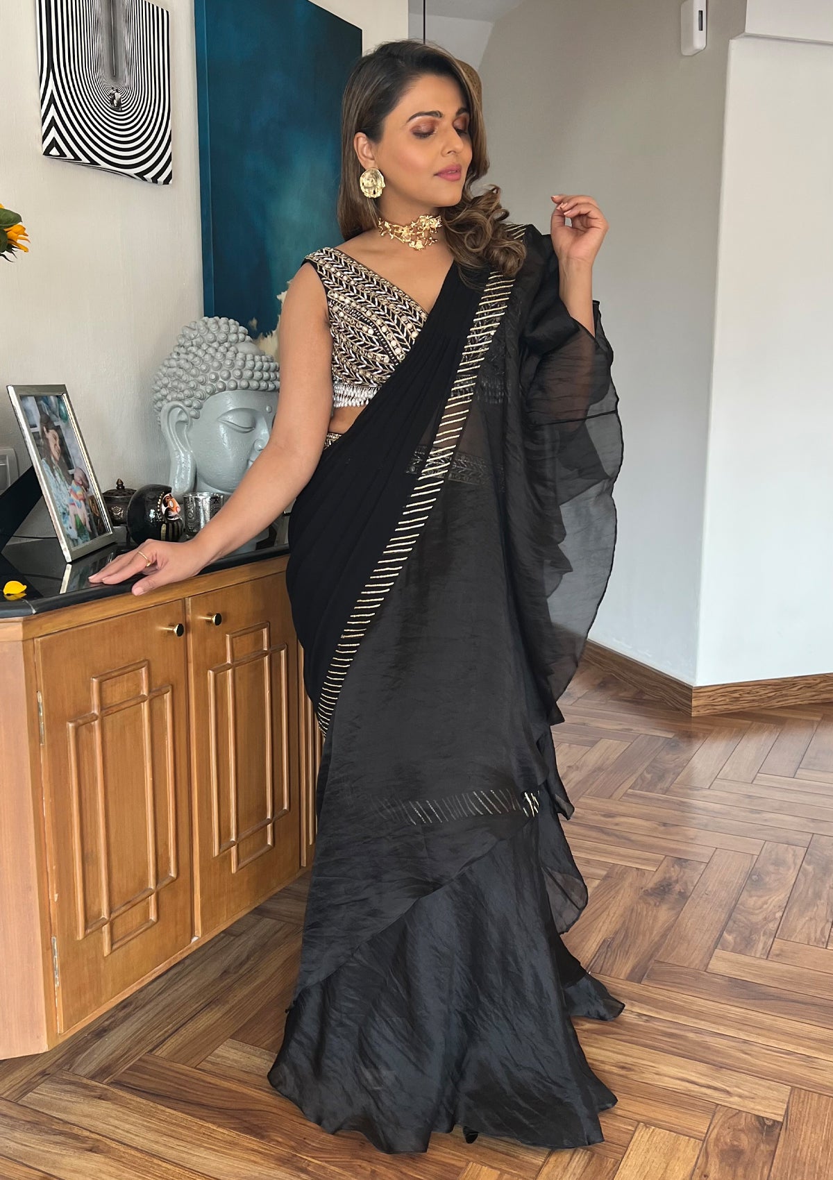 Gota Black Ruffled Saree Set - Seeaash