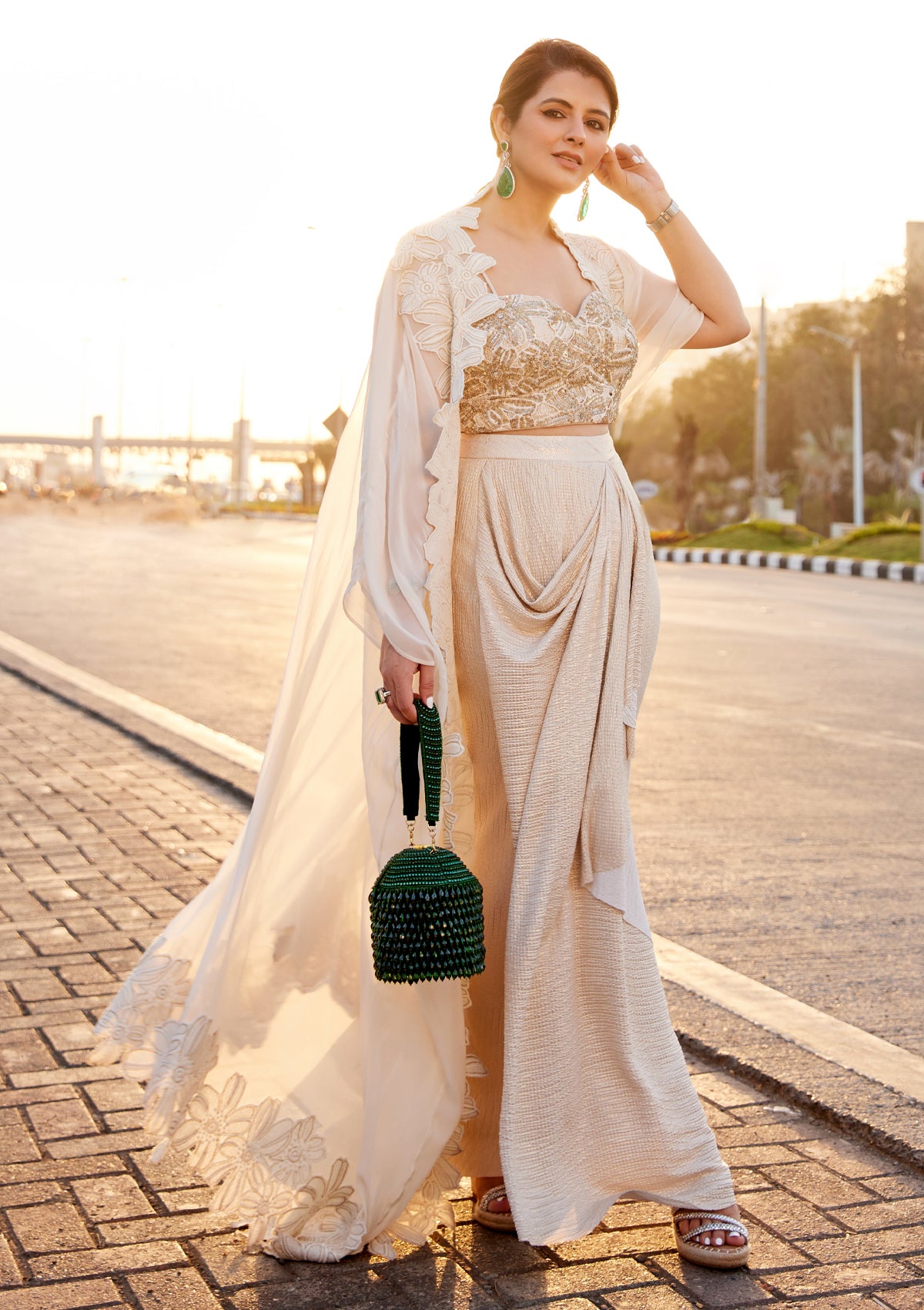 Natasha Luthra in Ivory Crushed Trio Set - Seeaash