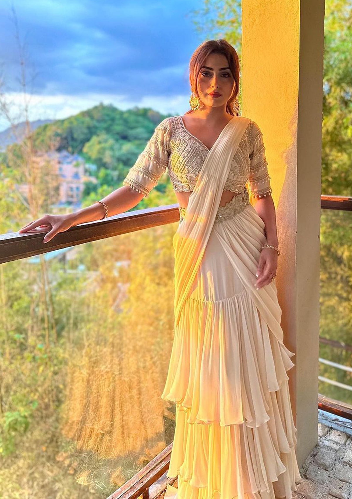 Ivory Tiered Saree Set - Seeaash