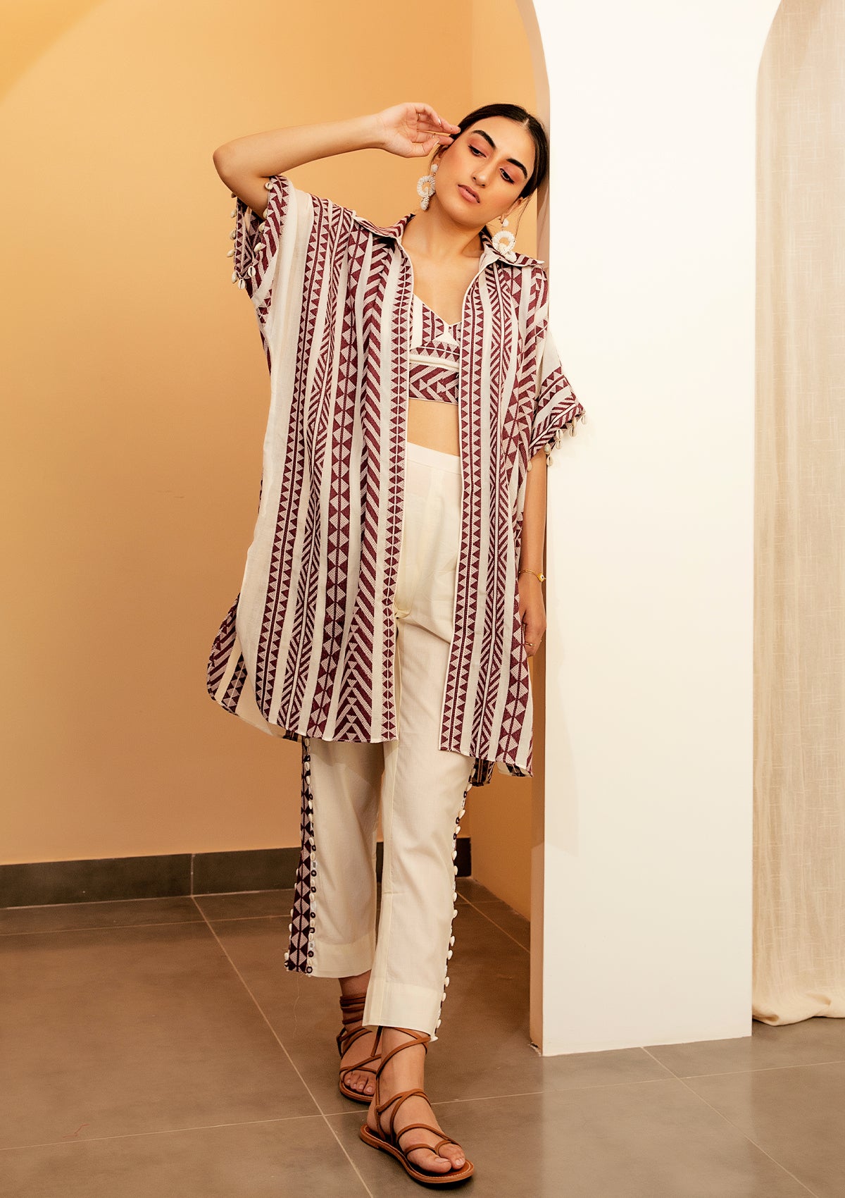 Burgundy Kaftan Overlay Trio Set - Seeaash