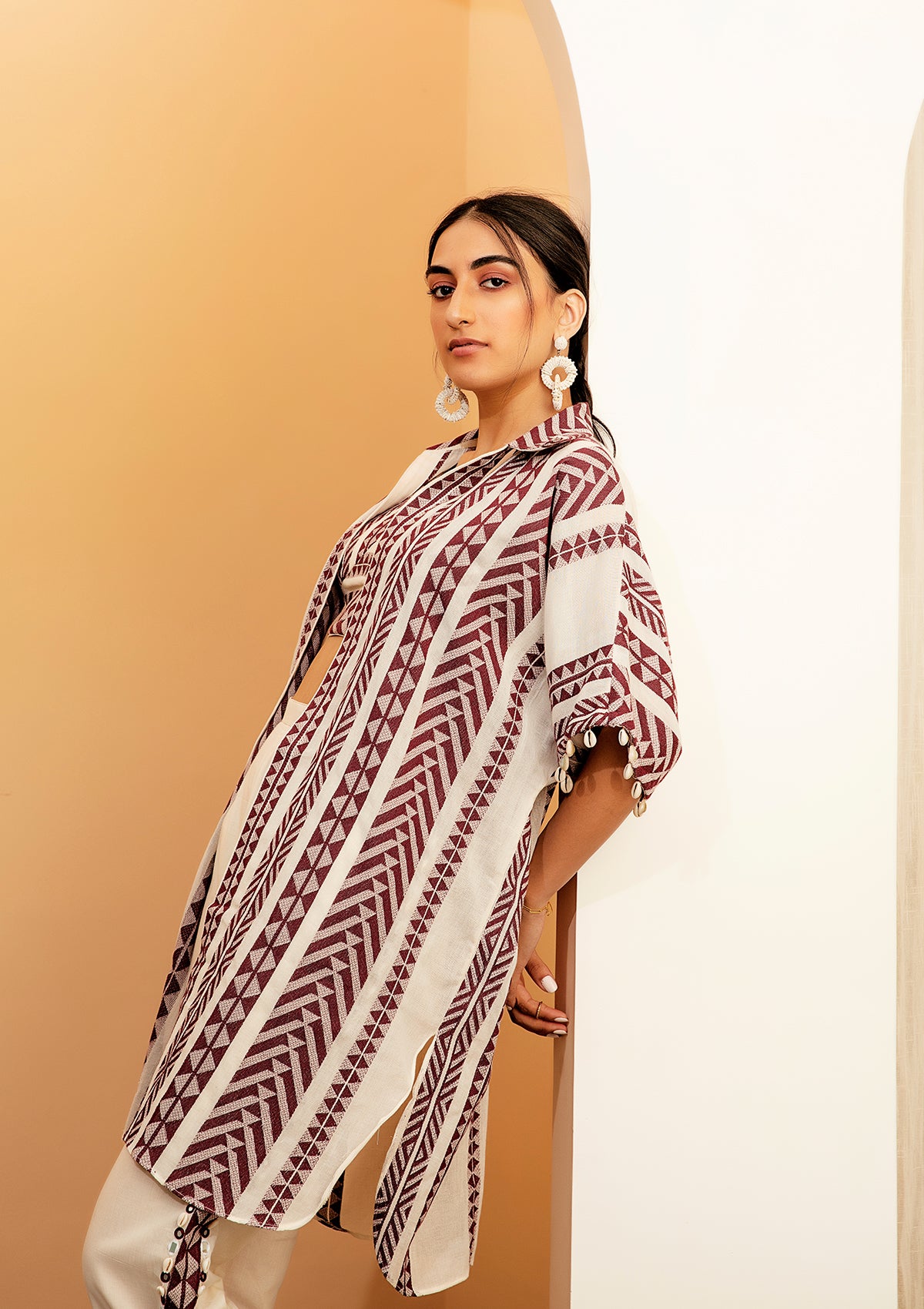 Burgundy Kaftan Overlay Trio Set - Seeaash