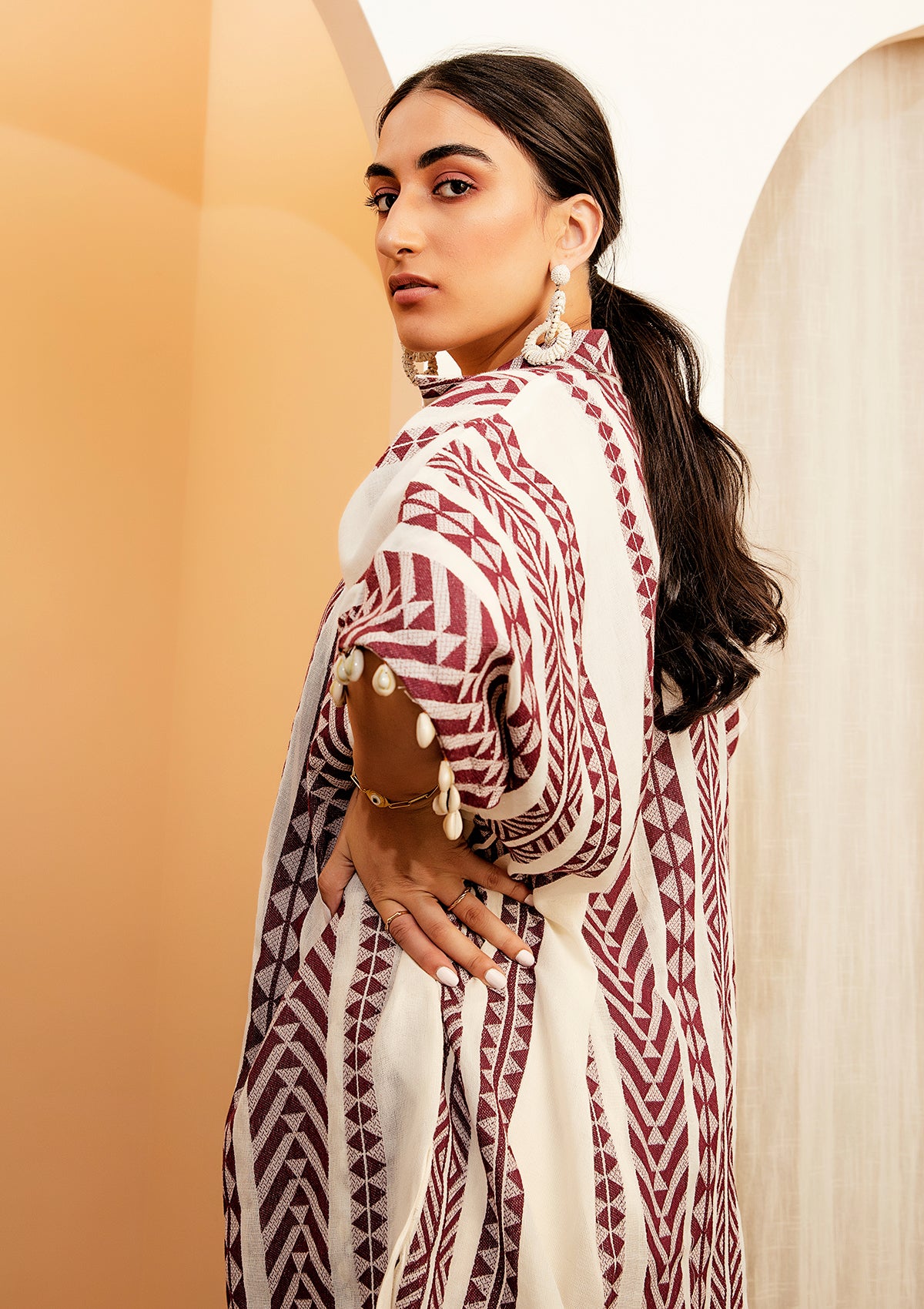 Burgundy Kaftan Overlay Trio Set - Seeaash