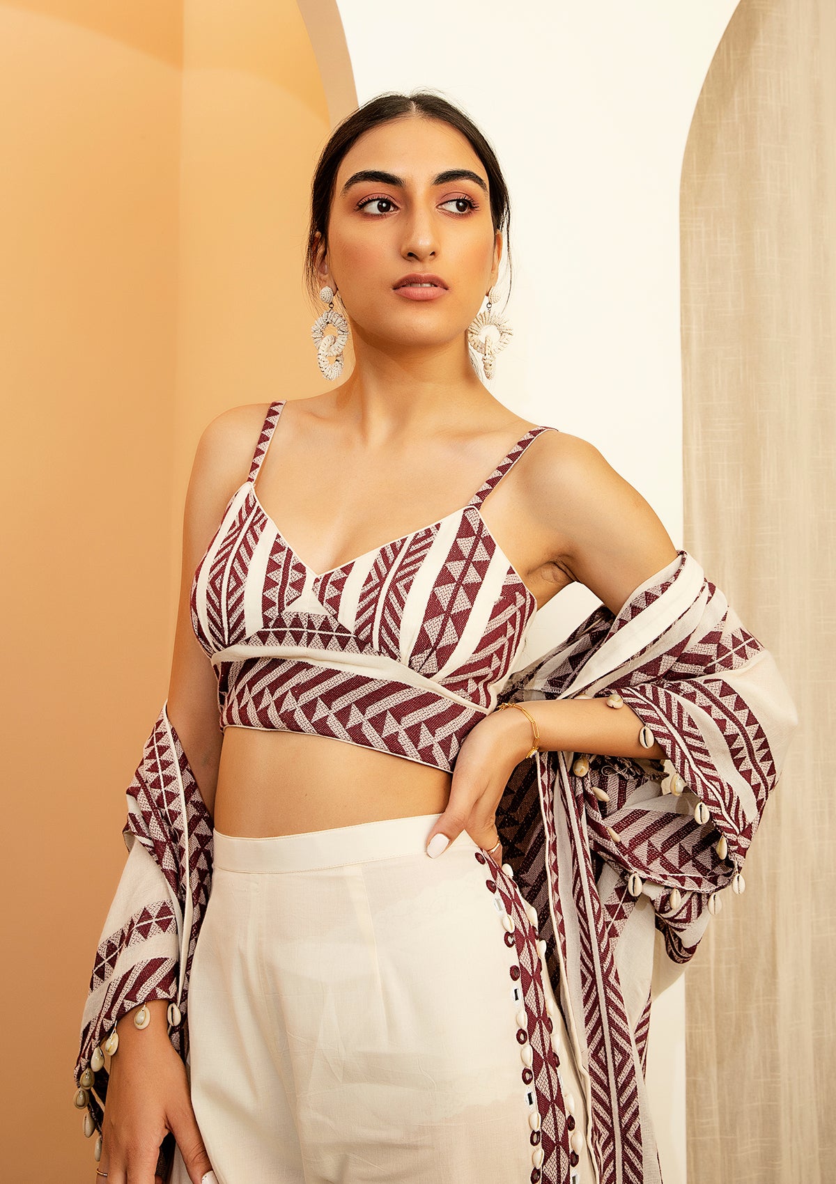 Burgundy Kaftan Overlay Trio Set - Seeaash
