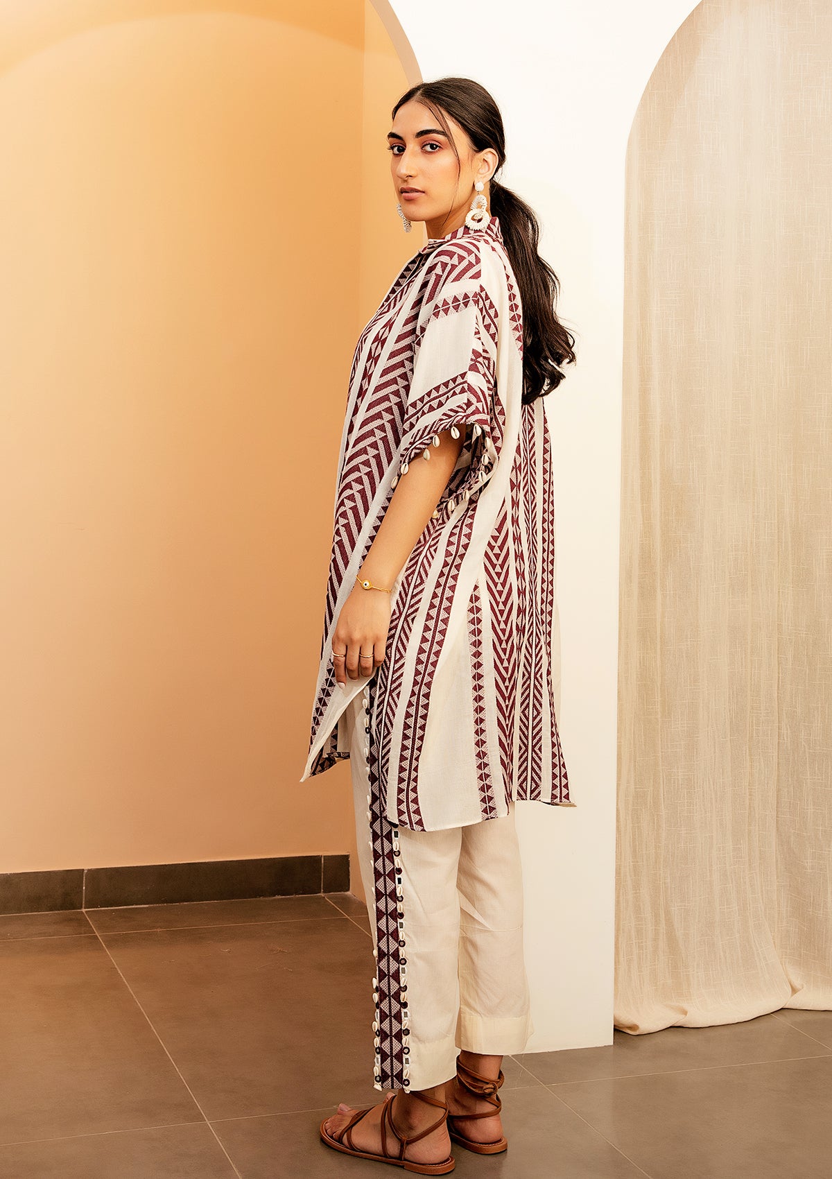Burgundy Kaftan Overlay Trio Set - Seeaash