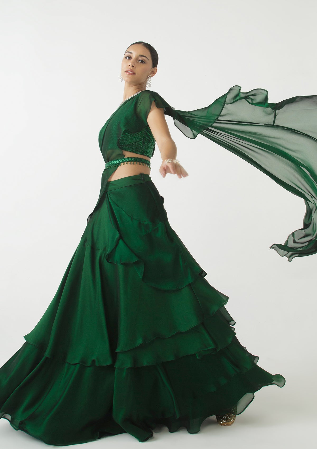 Emerald Wrap Around Ruffled Lehenga Set - Seeaash