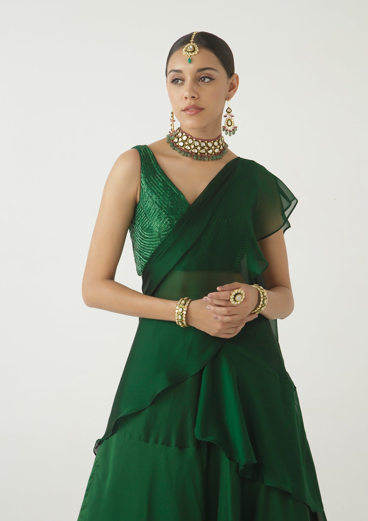 Emerald Wrap Around Ruffled Lehenga Set - Seeaash