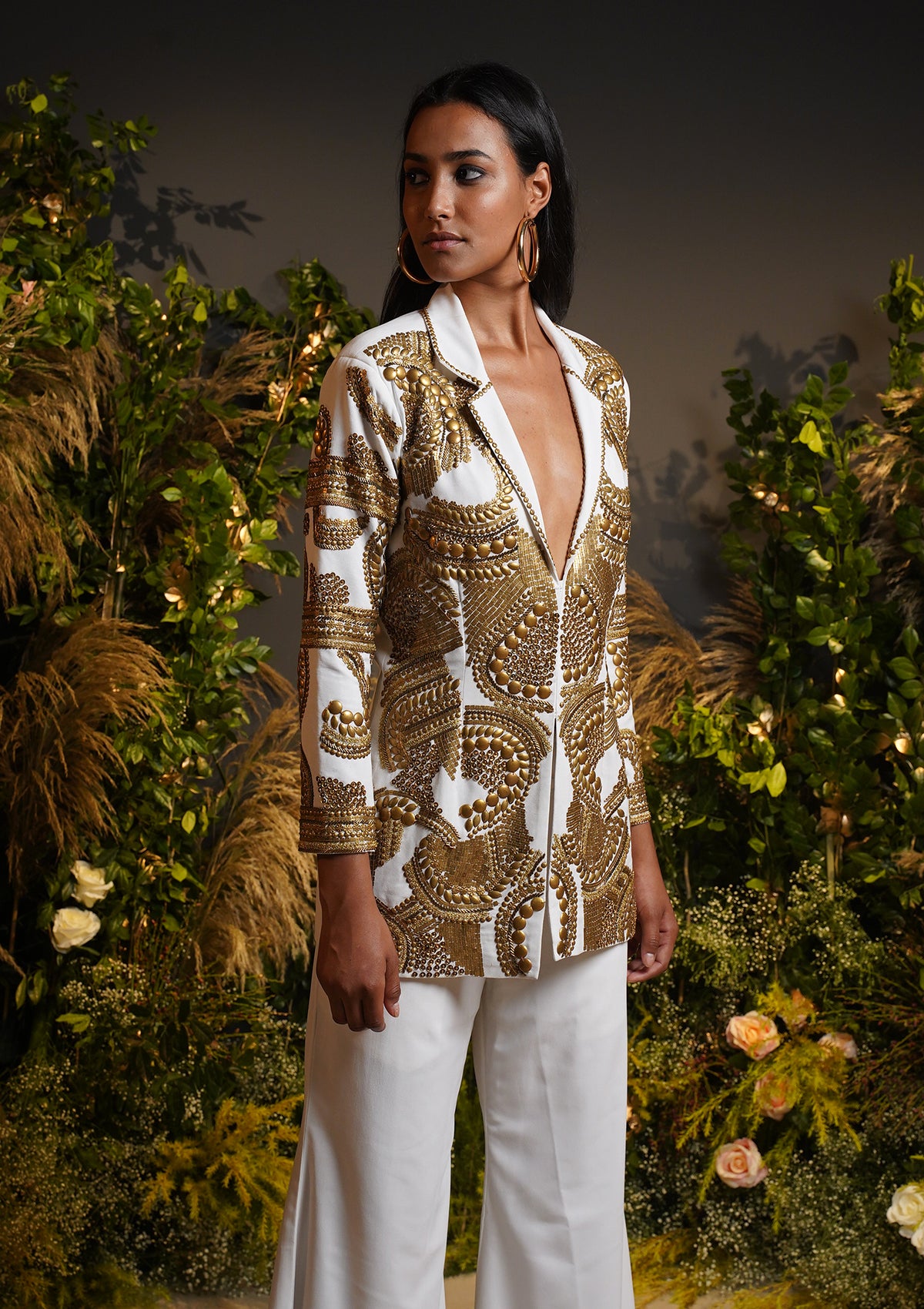 Ivory Embellished Blazer Set - Seeaash