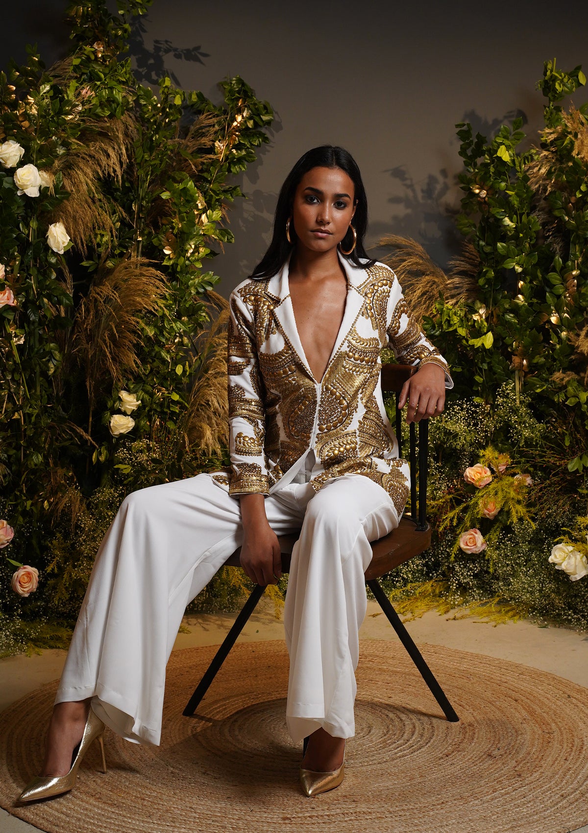 Ivory Embellished Blazer Set - Seeaash