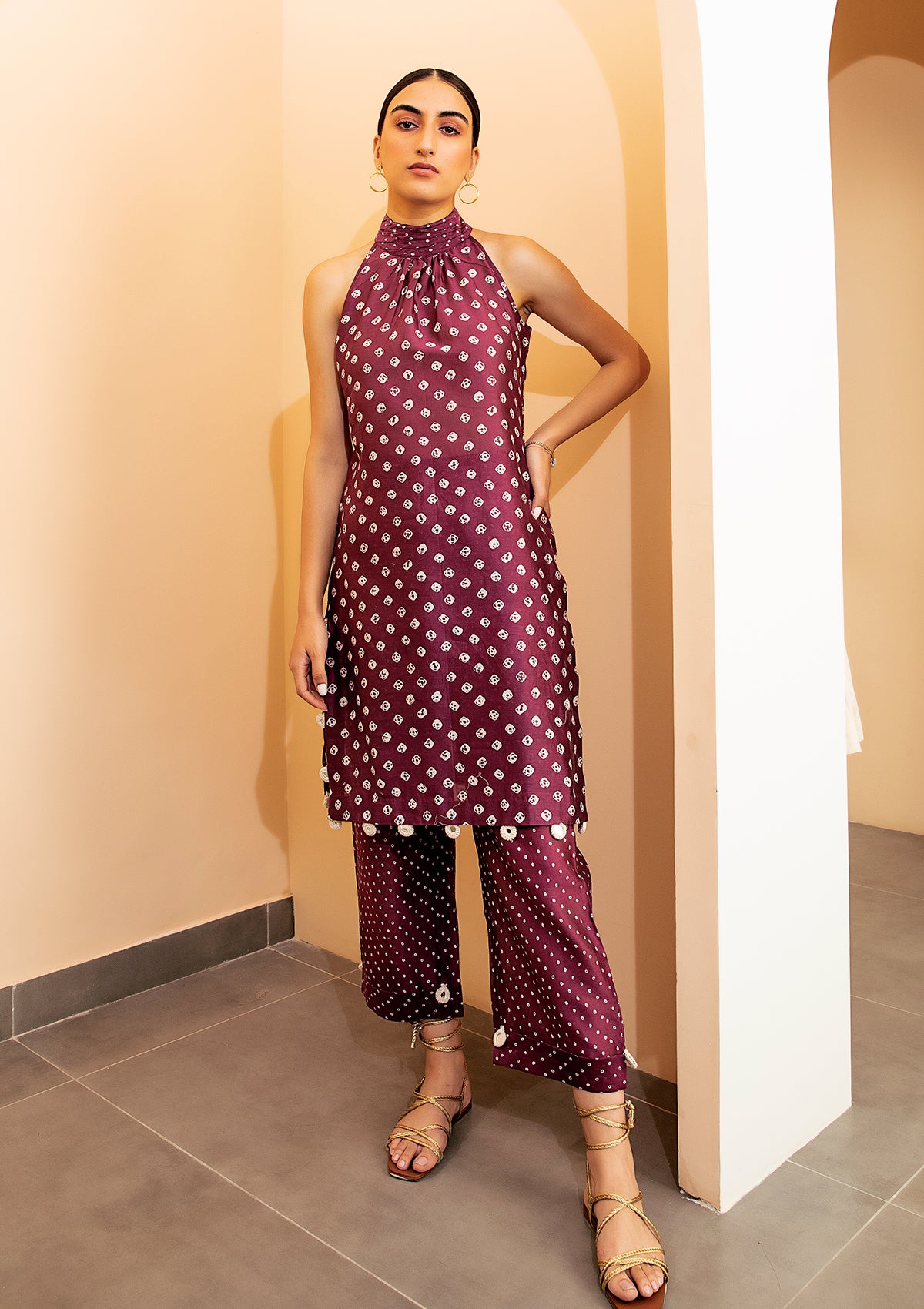 Plum Bandhani Halter Tunic Set - Seeaash