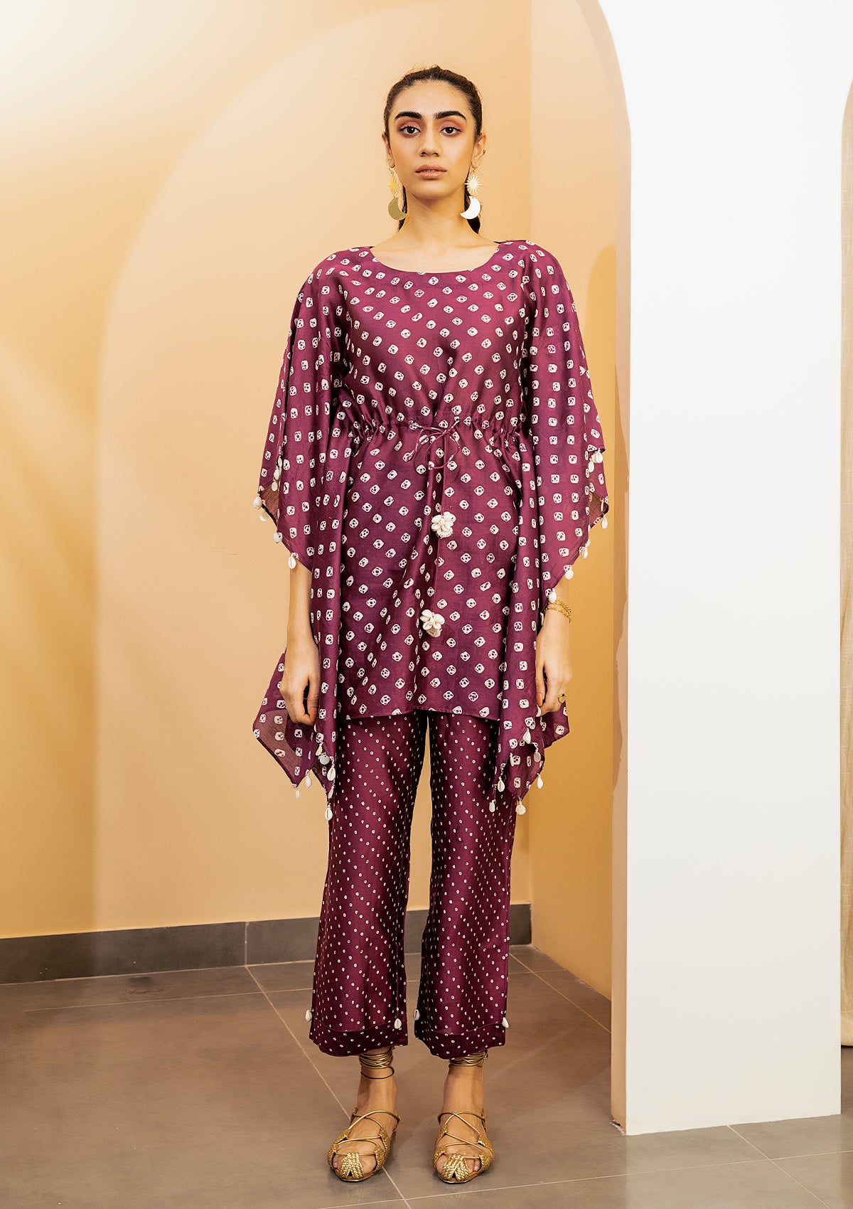 Plum Bandhani Kaftan Set - Seeaash