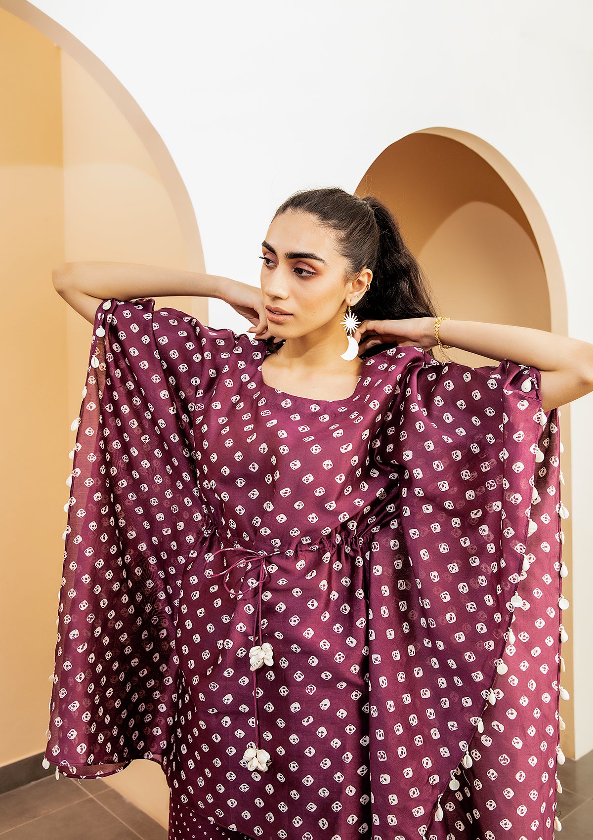 Plum Bandhani Kaftan Set - Seeaash