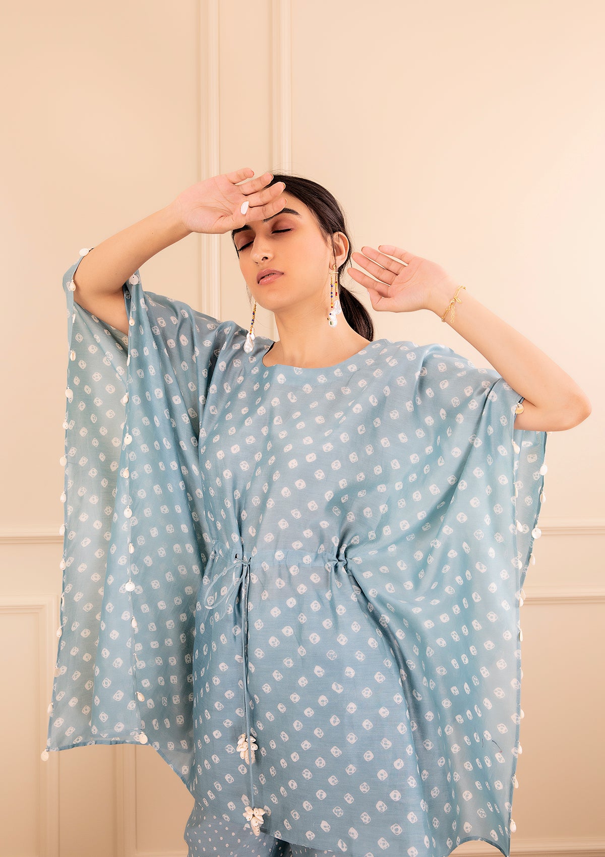 Powder Blue Bandhani Kaftan Set - Seeaash