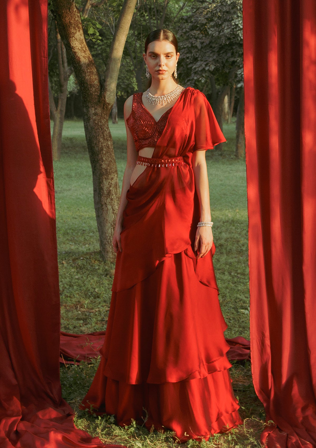 Ruby Wrap Around Ruffled Lehenga Set - Seeaash