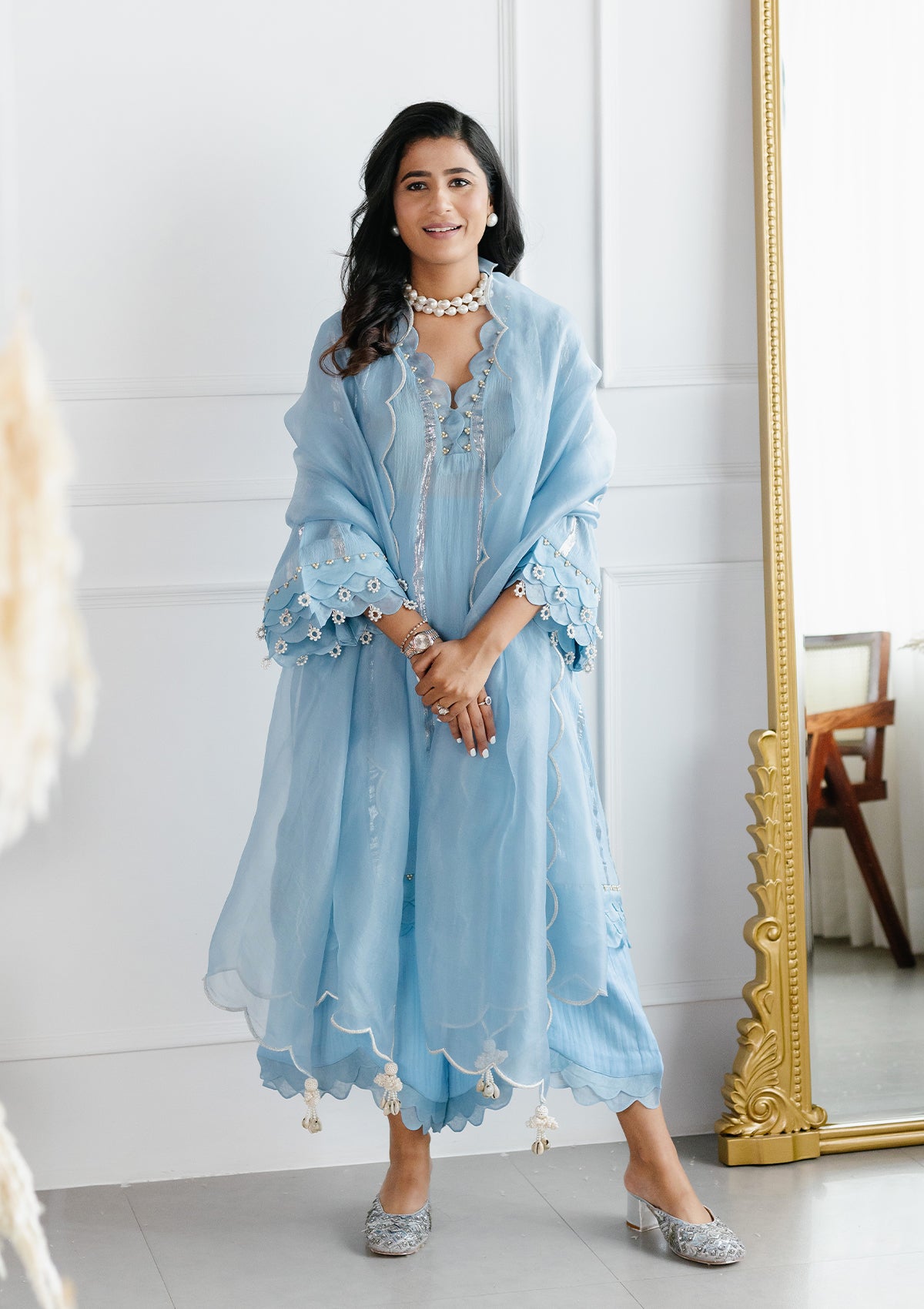 Powder Blue Scalloped Kurta Set - Seeaash