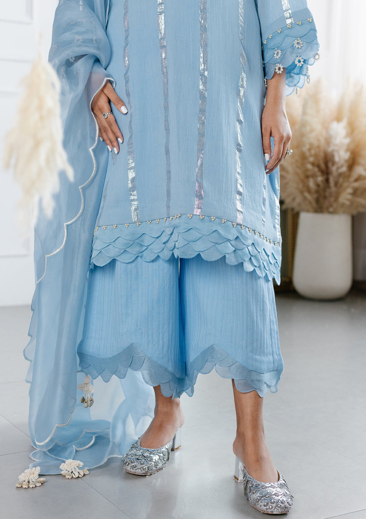 Powder Blue Scalloped Kurta Set - Seeaash