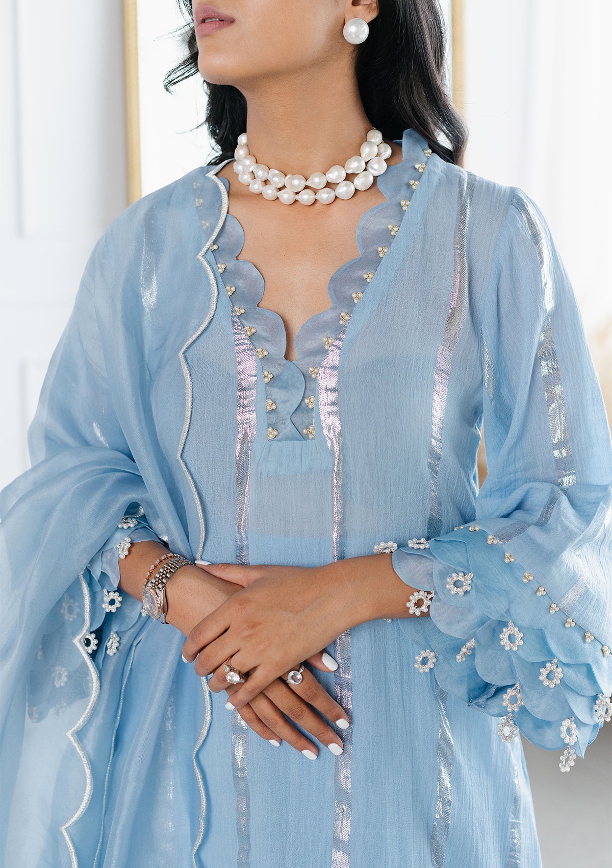 Powder Blue Scalloped Kurta Set - Seeaash