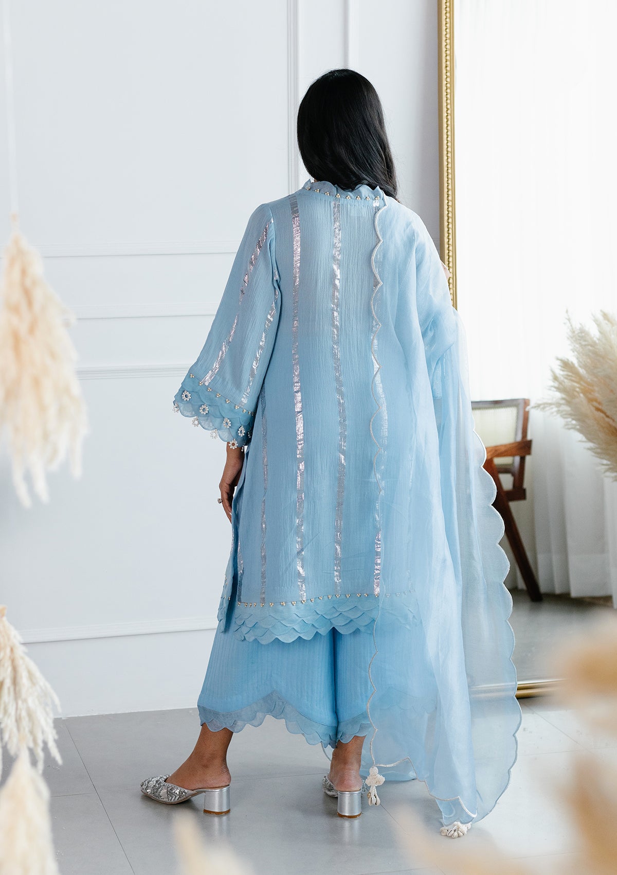 Powder Blue Scalloped Kurta Set - Seeaash