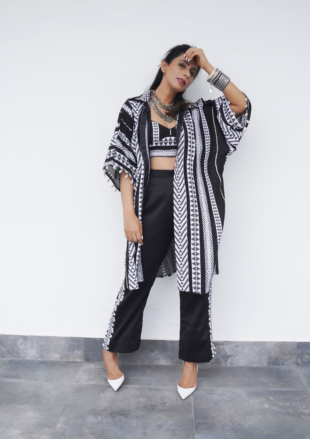 Coal Kaftan Overlay Trio Set - Seeaash